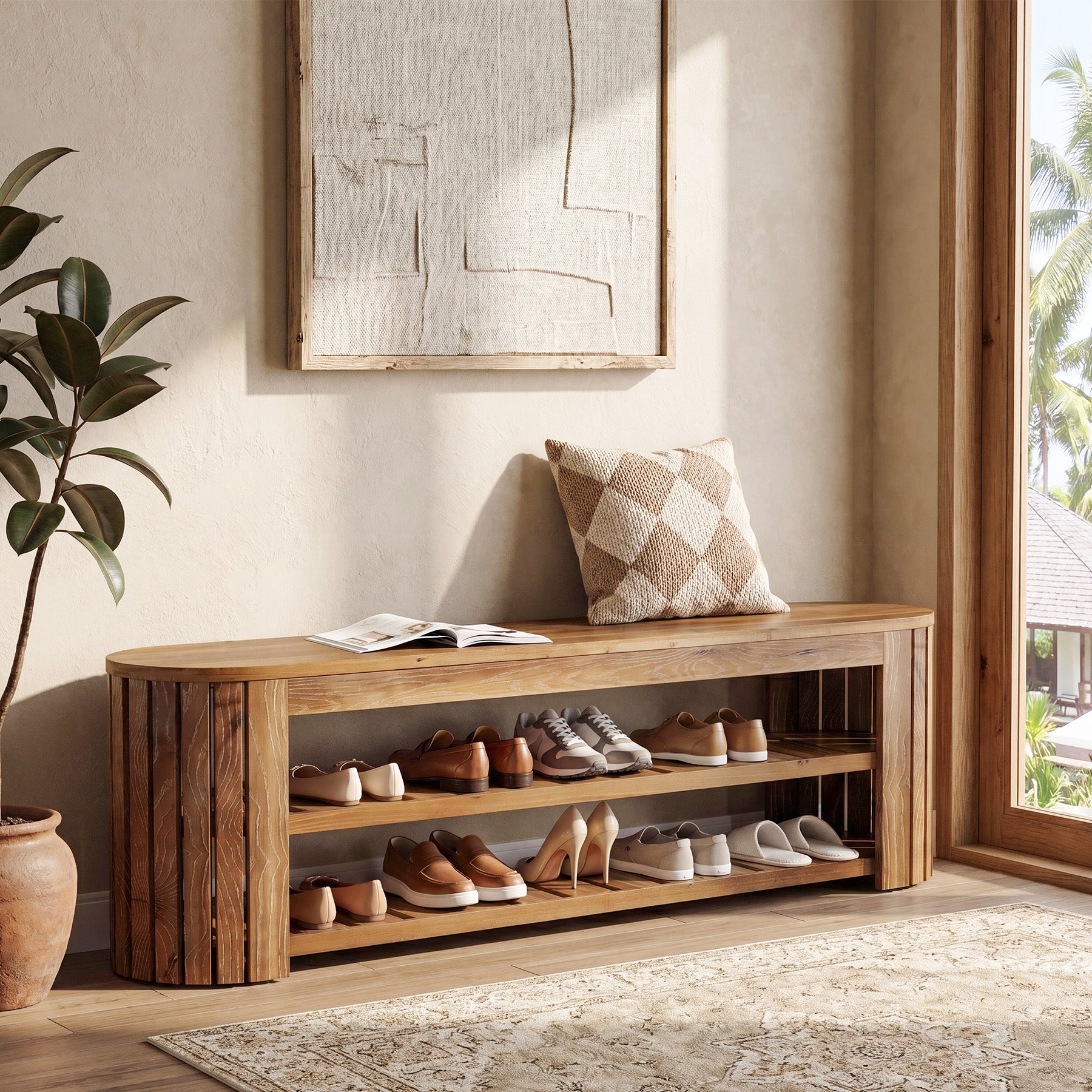 63" Solid Wood Entryway Bench, 3-Tier Window Seating with Shoe Storage