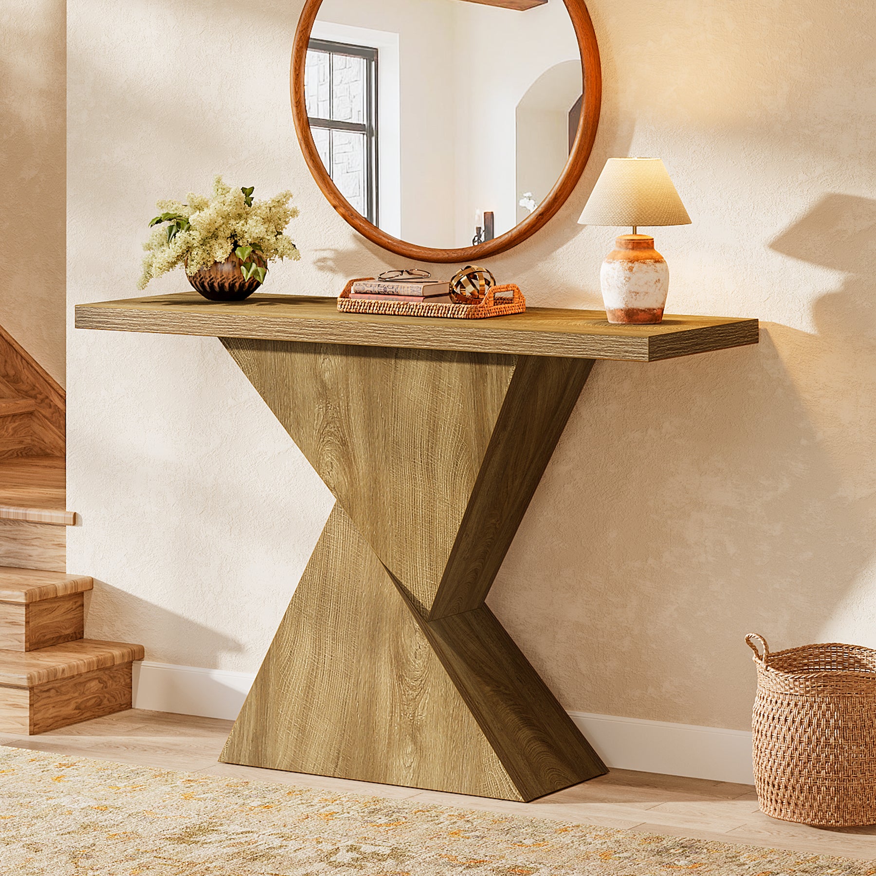 41.5" Narrow Farmhouse Console Table with Geometric Base, Entryway Sofa Table for Hallway, Foyer, or Behind Couch