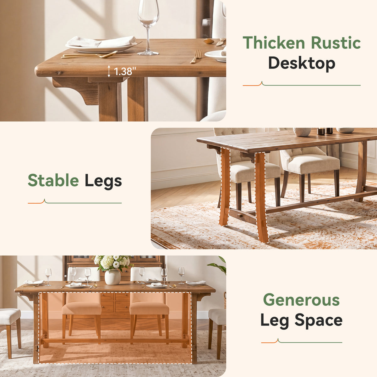 71" Farmhouse Trestle Dining Table for 6-8, Solid Wood Rectangle Kitchen Table
