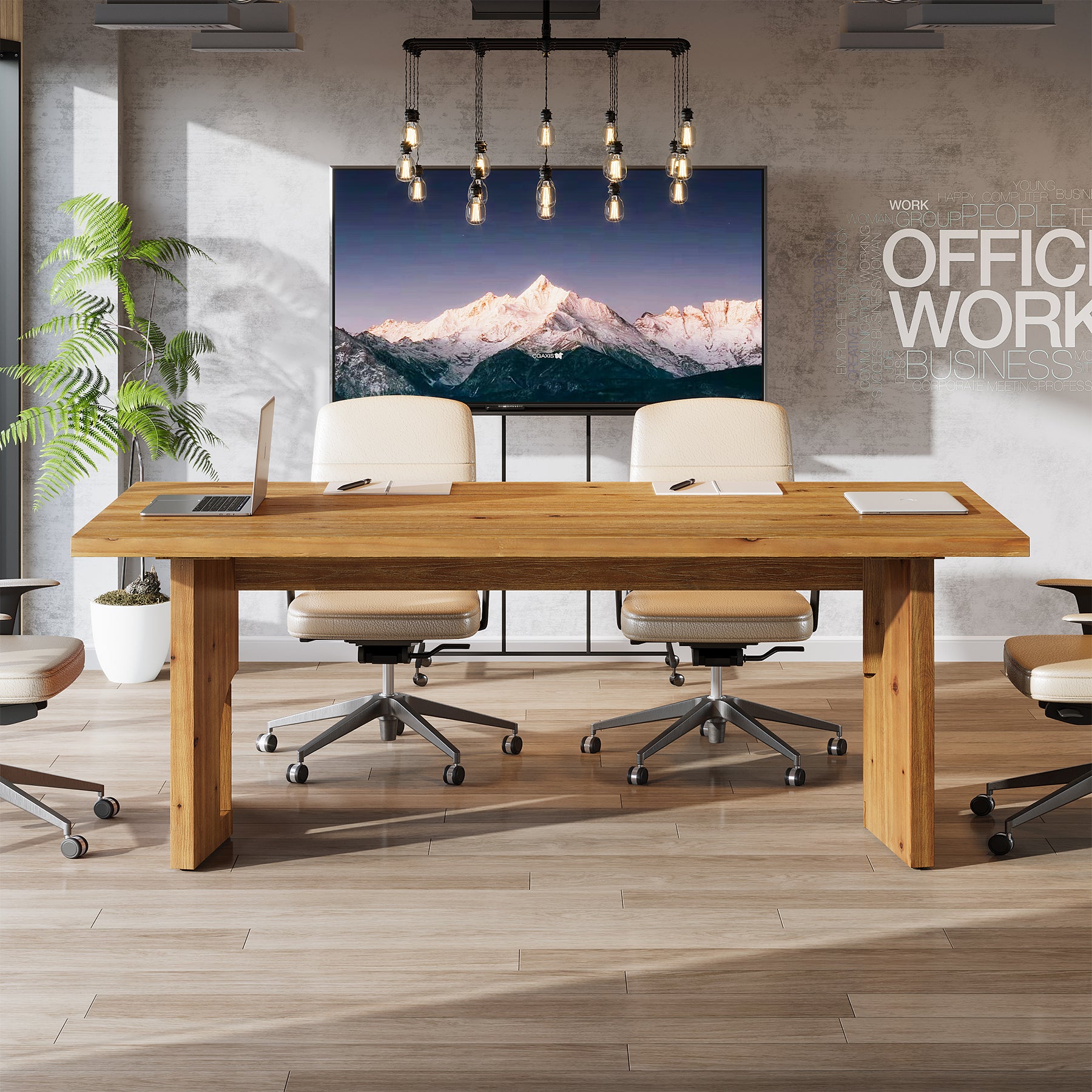 5.25FT Solid Wood Conference Table for 4-6 Users, 63" Executive Desk with Cutout Bases
