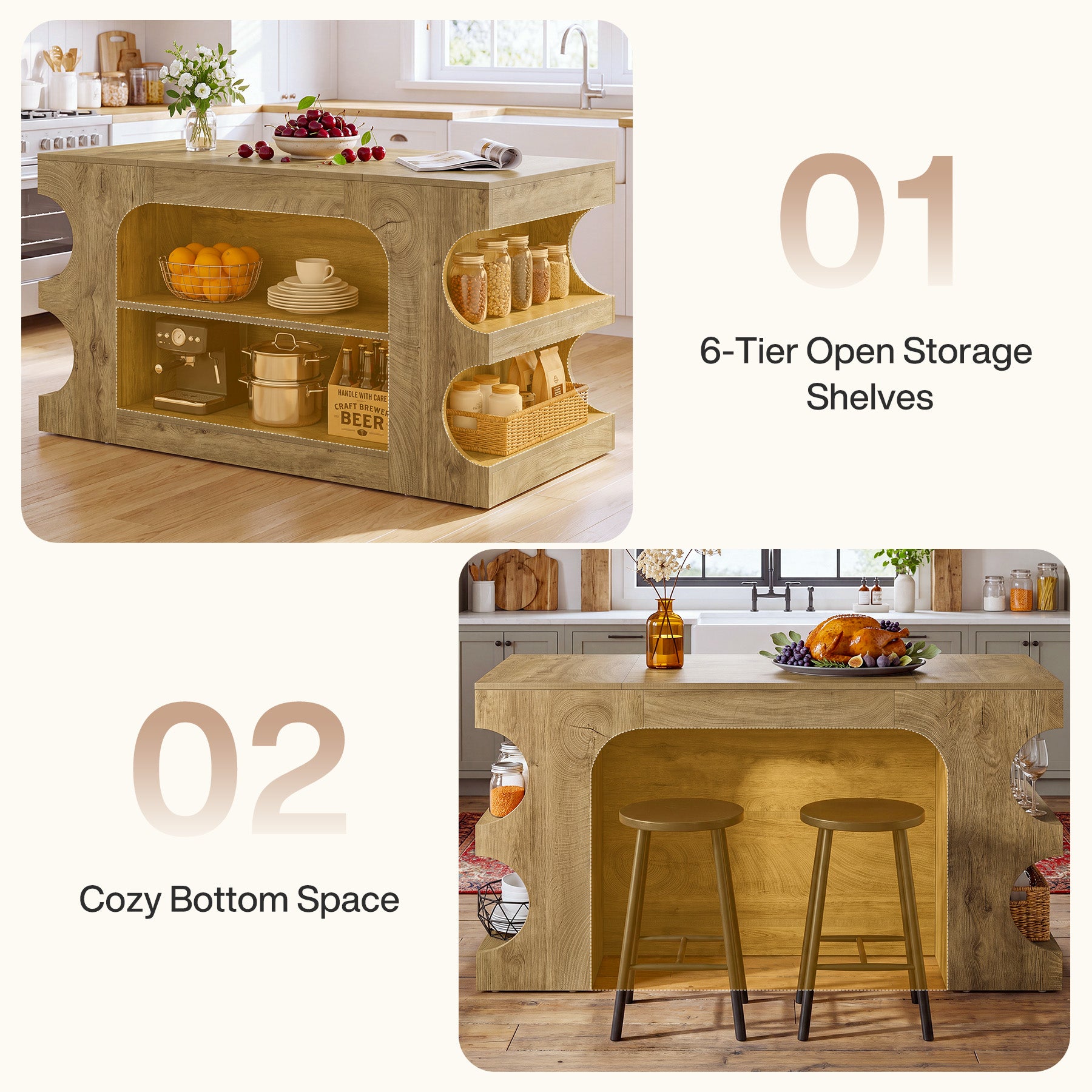 63" Kitchen Island with Storage, Farmhouse Counter Height Stationary Island for Kitchen