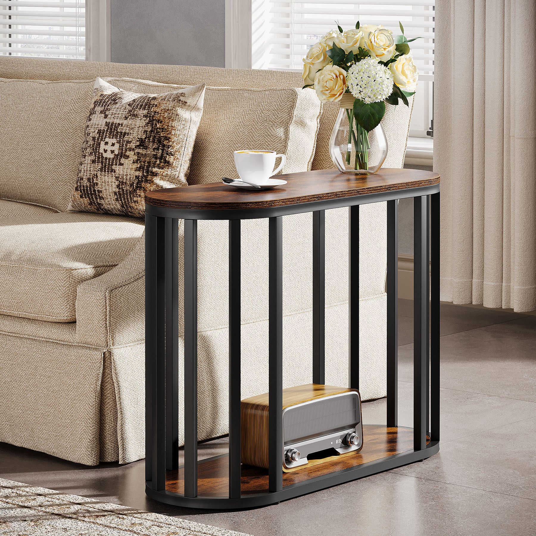 Narrow End Table with Storage, 2-Tier Side Table with Metal Frame - Thumbnail 2