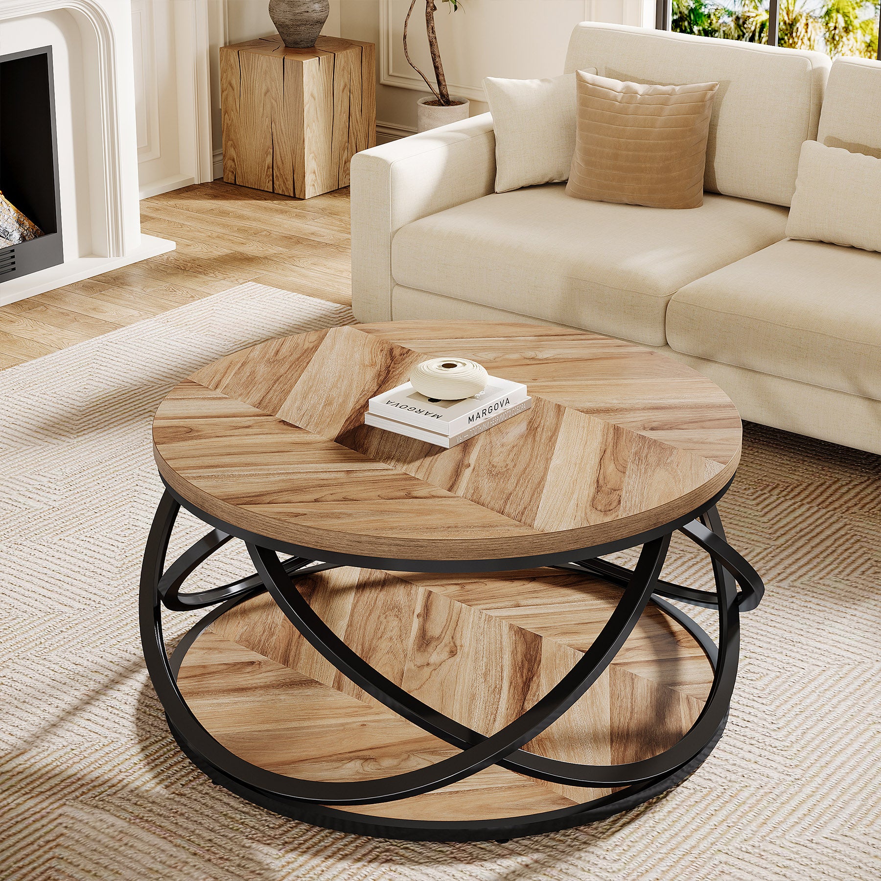 Round Coffee Table, 2-Tier Circle Center Table with Storage Shelves