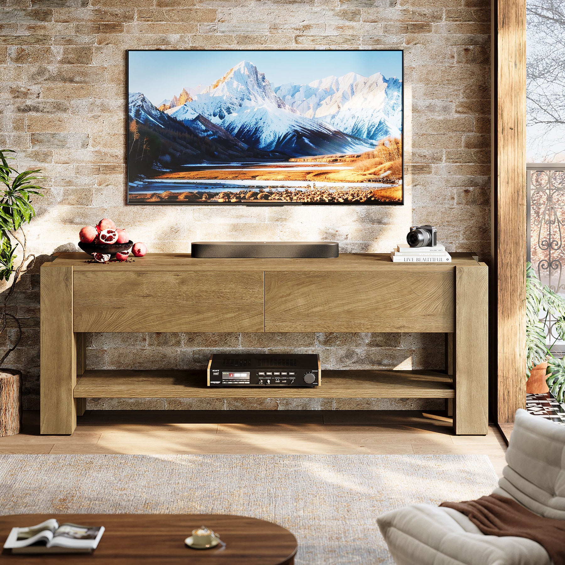 63" TV Stand for TVs up to 75", Entertainment Center with 2 Drawers & Shelves