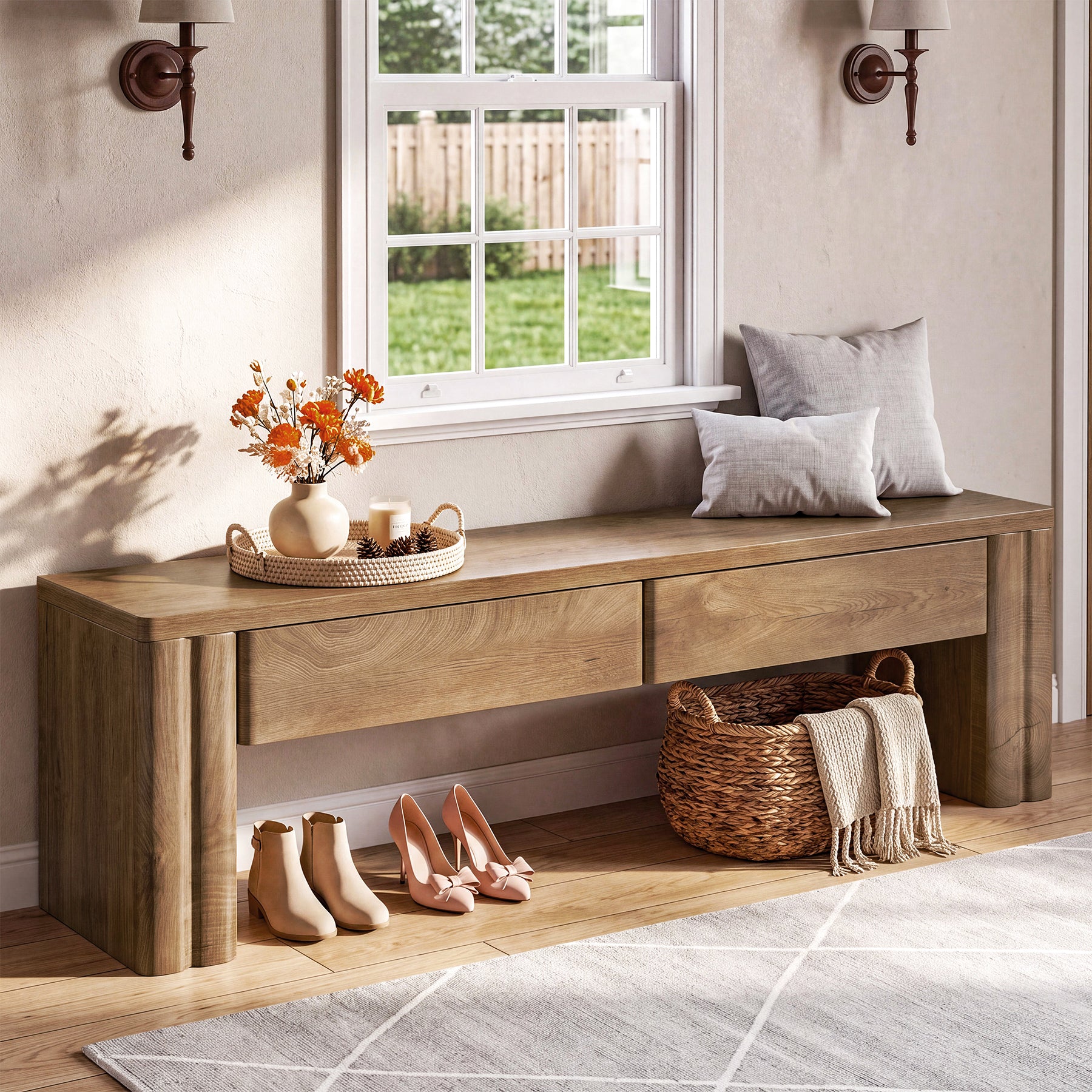 55" Entryway Bench with 2 Storage Drawers, Modern End of Bed Bench with Thick Legs