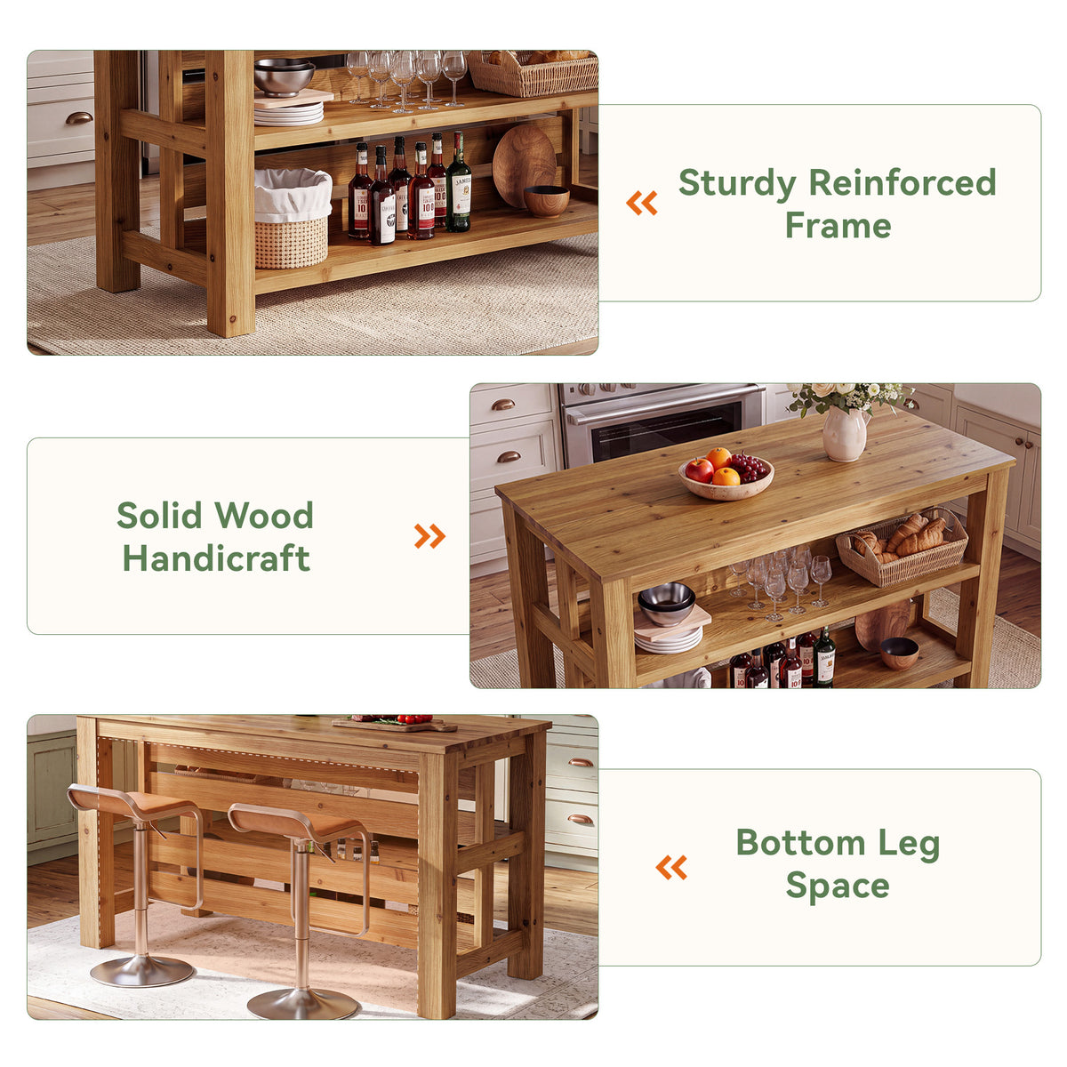 63" Farmhouse Solid Wood Kitchen Island with 3-Tier Open Storage Shelves, Prep Table