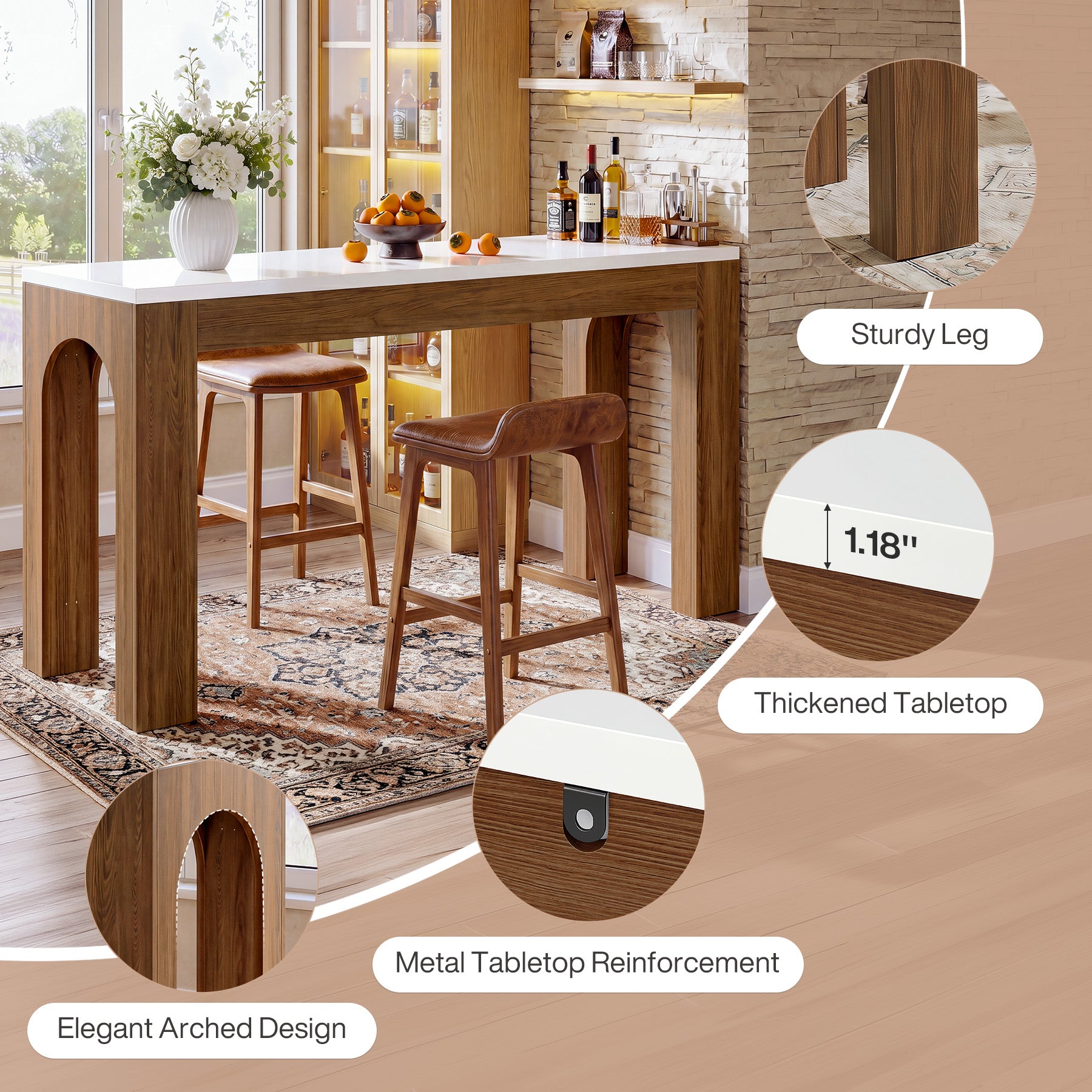 63" Modern Bar Table, Rectangular Counter Height Pub Table with Arched Leg