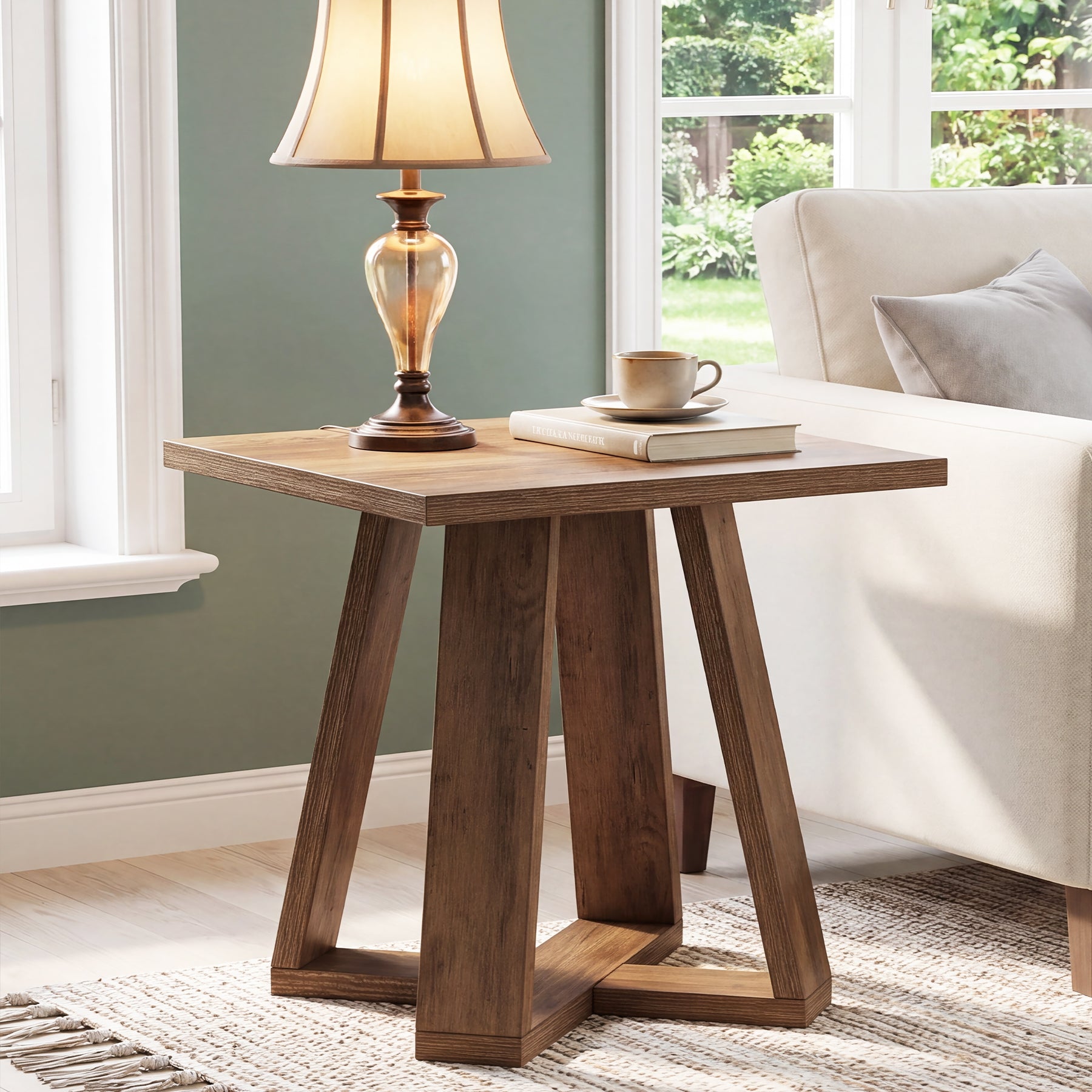 19.7" Farmhouse End Table, Cross Leg Square Side Table for Living Room