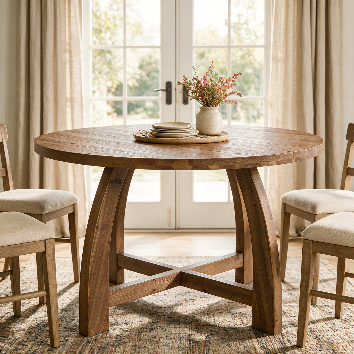 47" Solid Wood Dining Table for 4-6, Round Kitchen Table with Cross Base for Dining Room