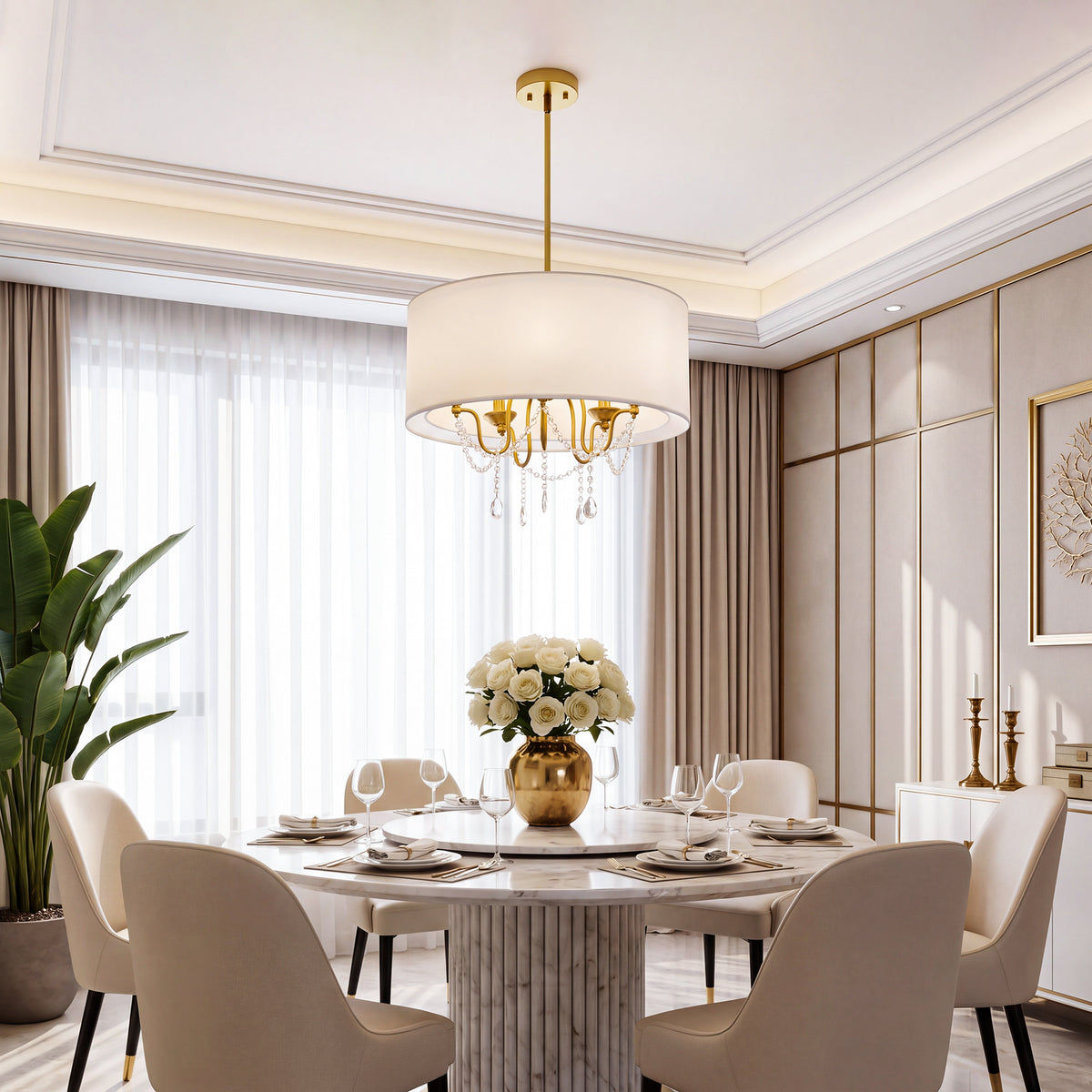 19.7" Gold Crystal Drum Chandelier, Modern 5-Light Pendant Light