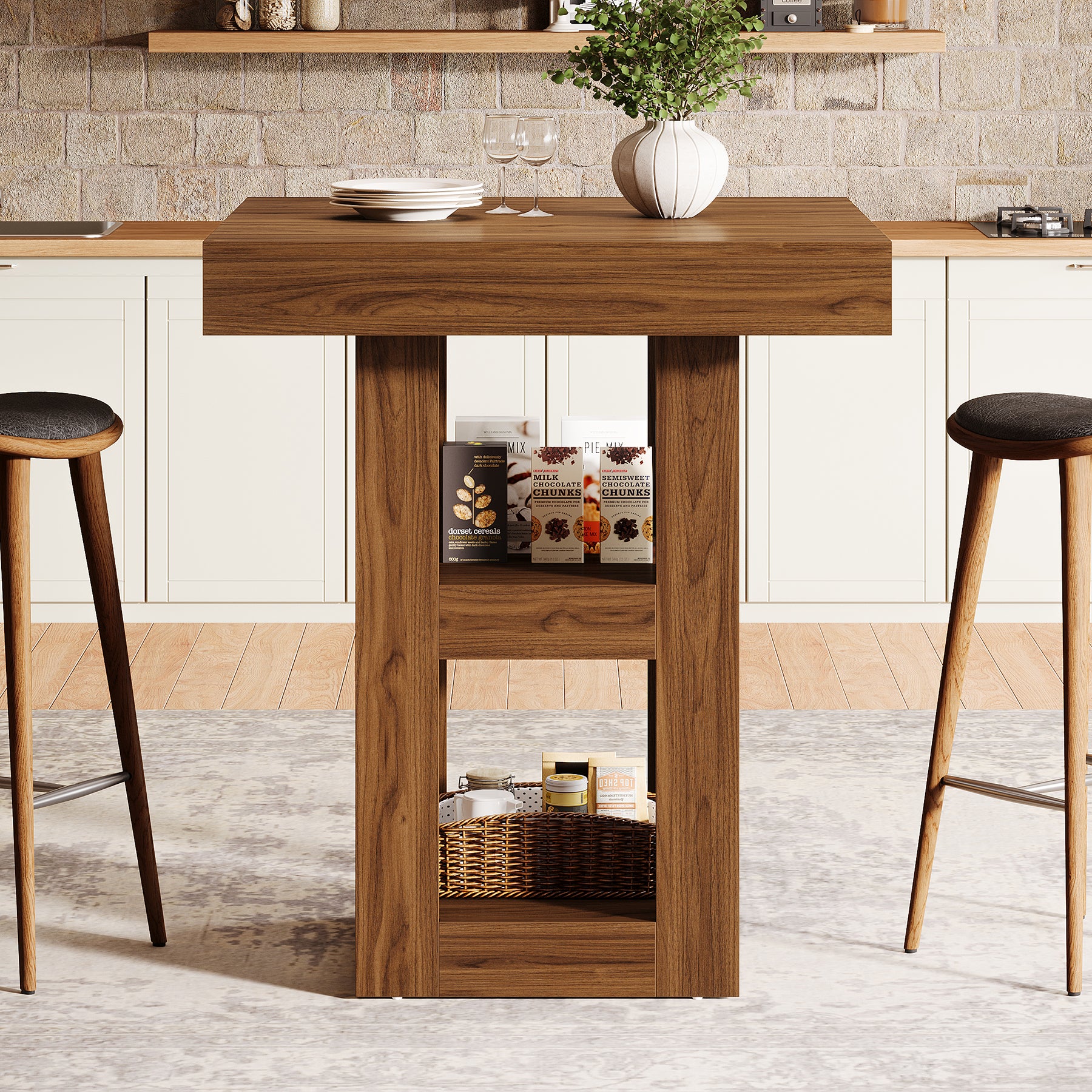 31.5" Square Kitchen Island with 3-Tier Storage, Wooden Home Bar Table