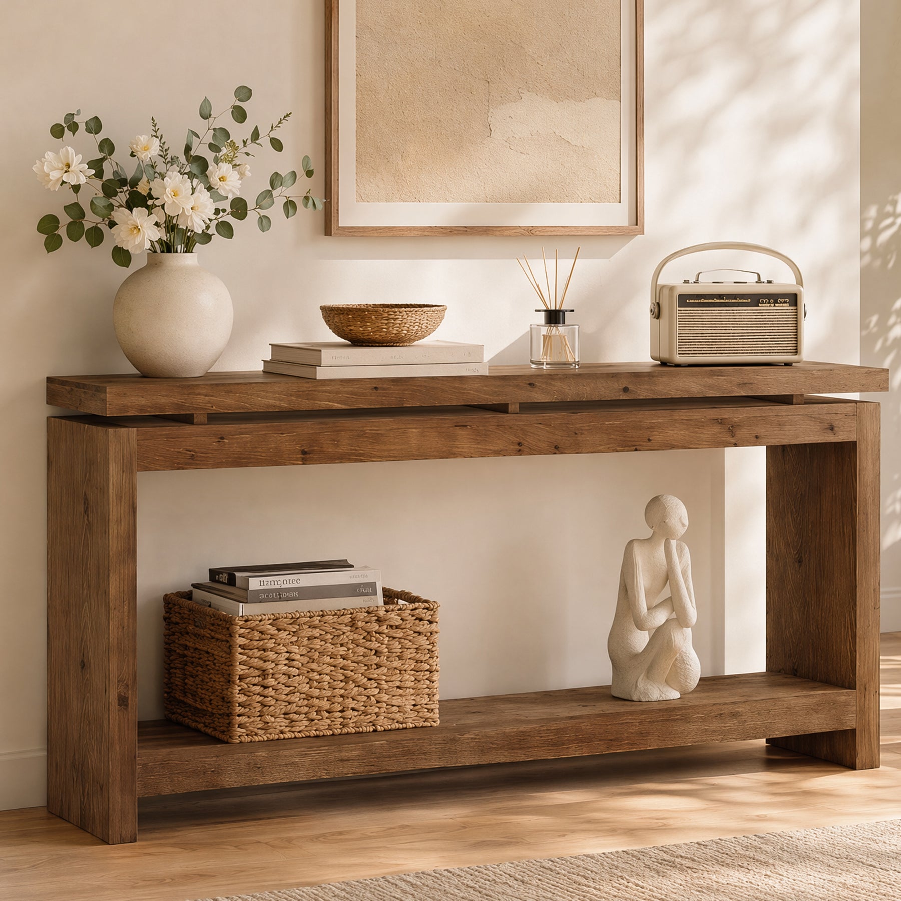 63" Solid Wood Console Table, 2-Tier Accent Sofa Table with Layered Double-Top Design