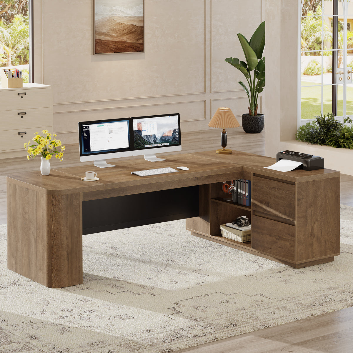 78" L-Shaped Executive Desk with File Cabinet, Corner Computer Desk for Home Office