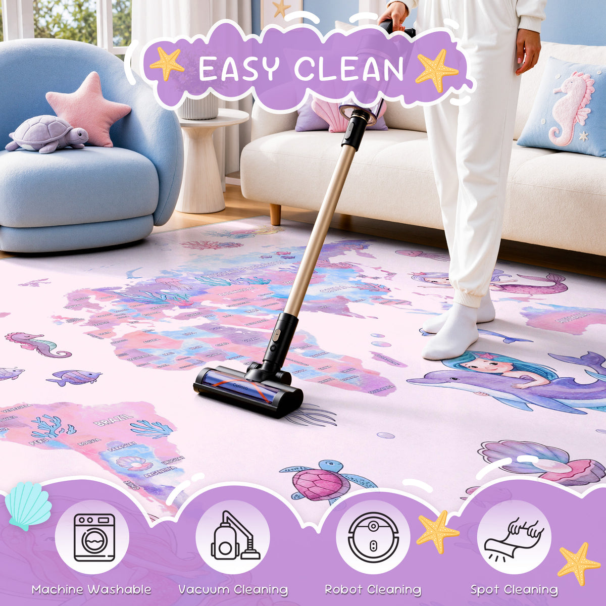 Soft Non‑Slip Low‑Pile, Cute Mermaid Ocean Animal Play Mat for Nursery Girls’ Bedroom Living Room