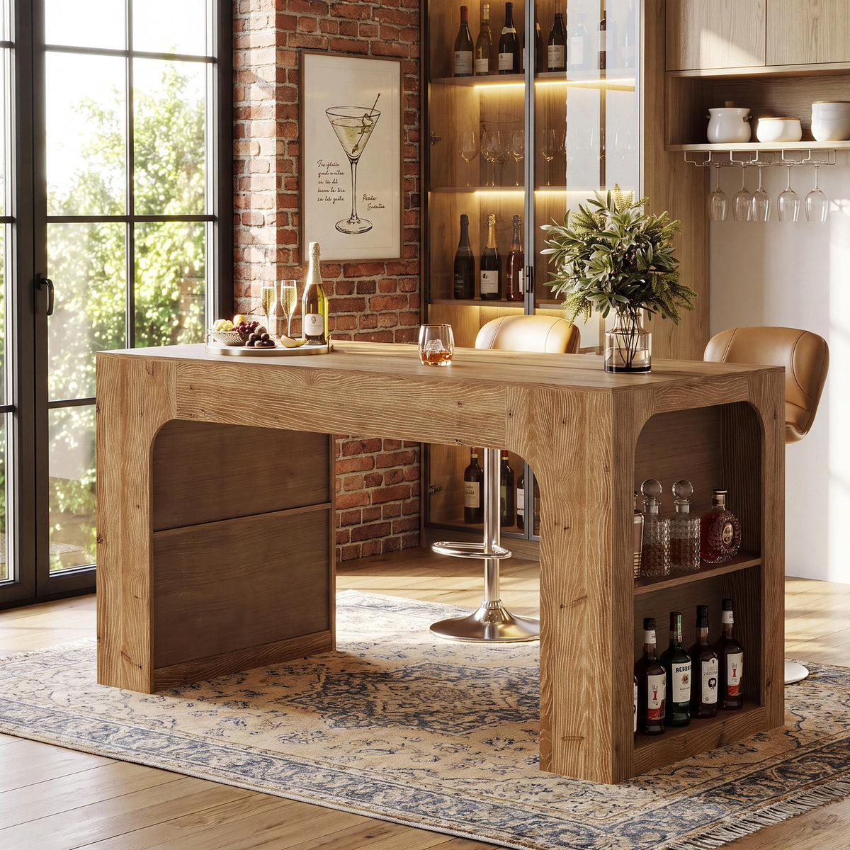 63" Solid Wood Counter Height Bar Table with Storage Shelves, Dining Room