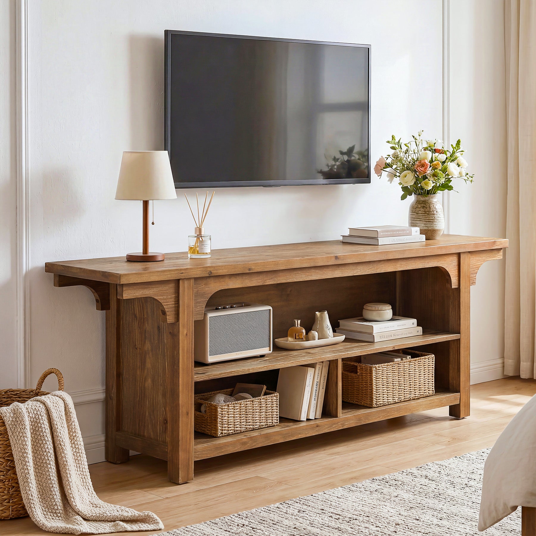 63" Solid Wood TV Stand for 55/65/70"TVs, Farmhouse Entertainment Center with 3 Storage