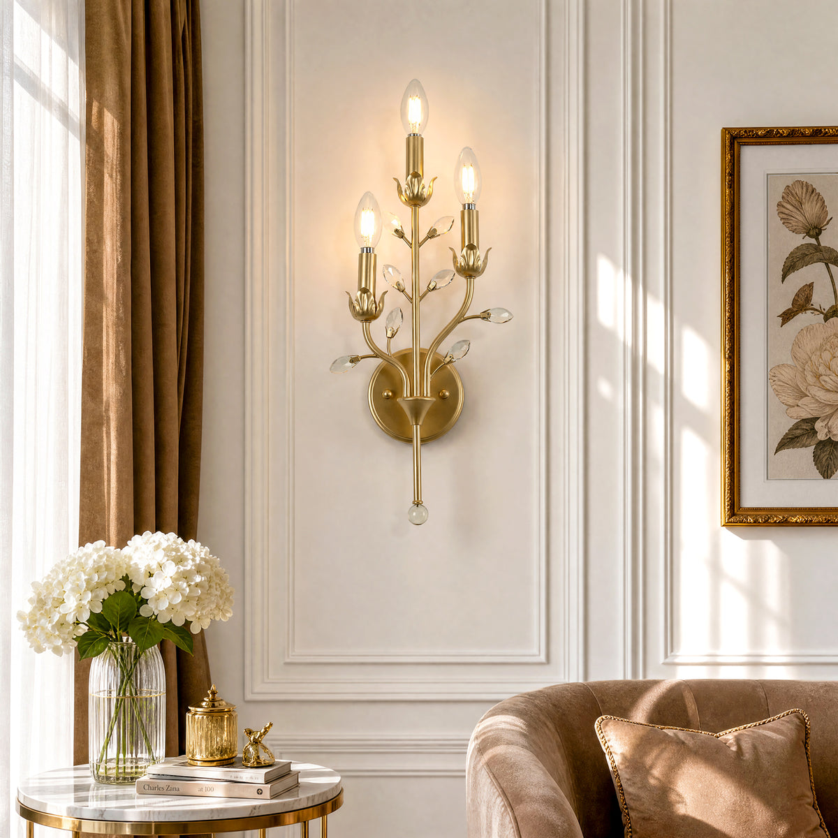 3-Light Gold Crystal Wall Sconce, Floral Vine Candle Wall Light