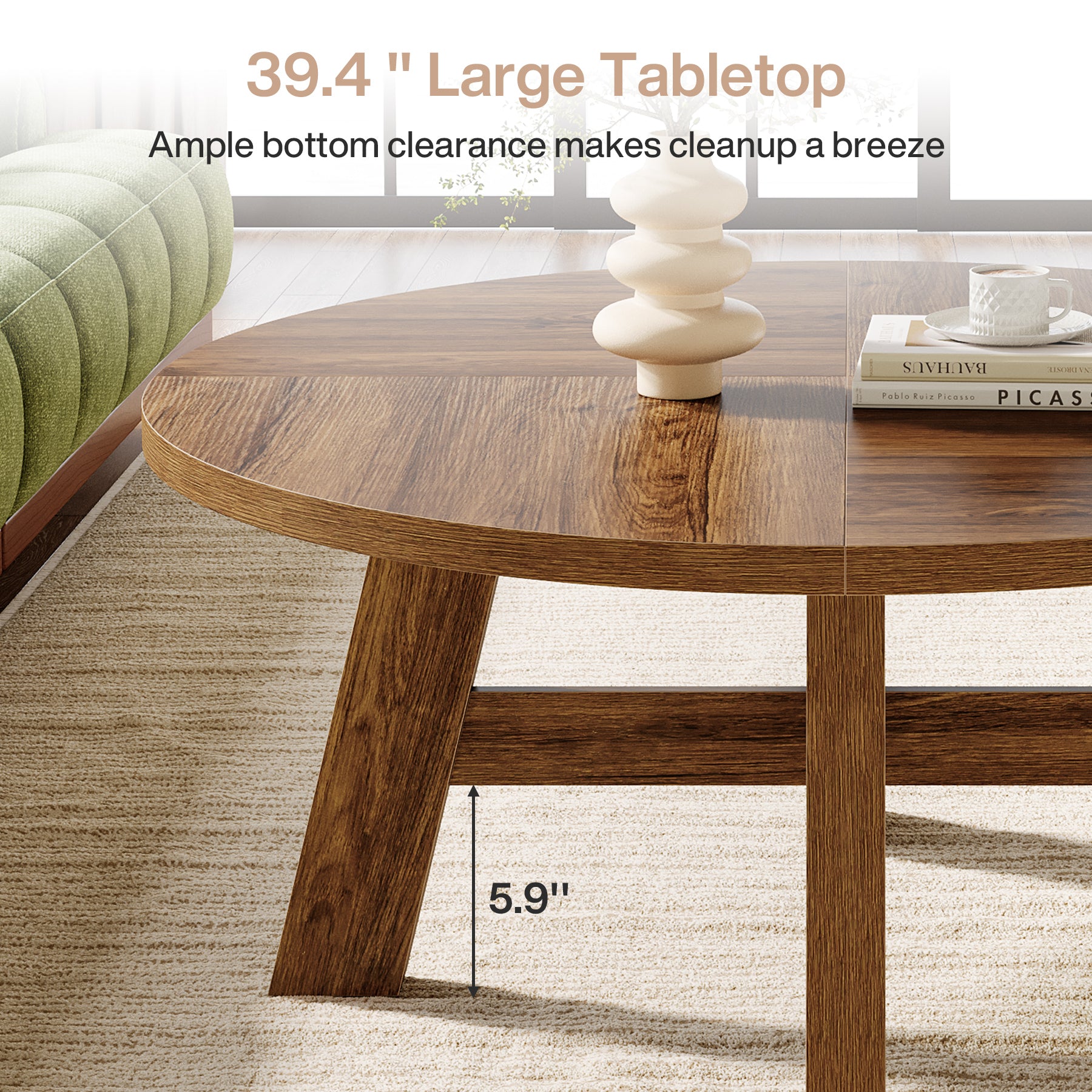 Round Coffee Table, 39" Circle Center Table with Reinforced Cross Brace