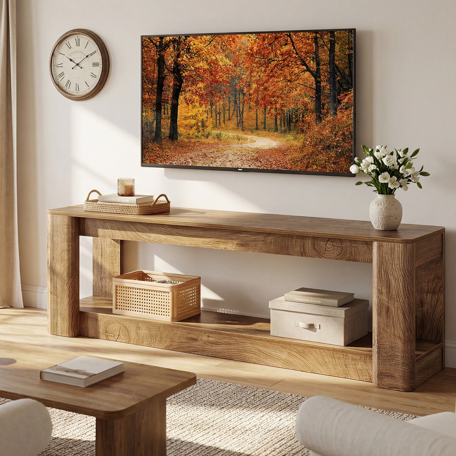 63" Farmhouse TV Stand for 55-75" TVs, Wood Media Console with Open Storage Shelves, Rustic Entertainment Center