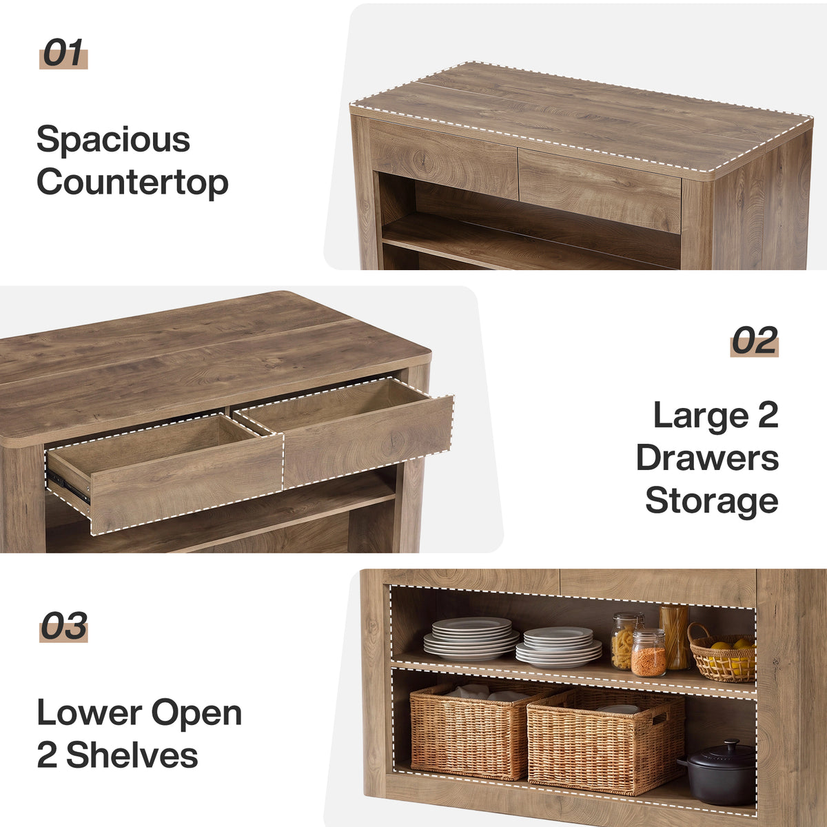 55" Kitchen Island with 2 Drawers & 3 Shelves, Farmhouse Stationary Island Table