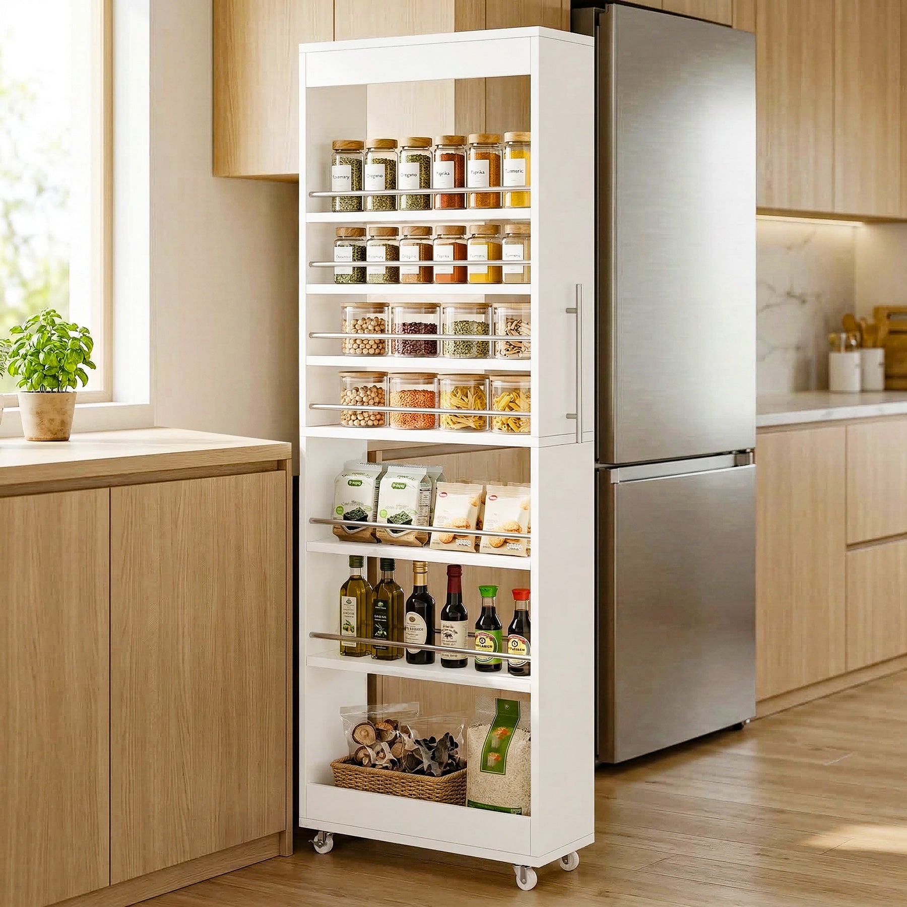 73" Slim Storage Cart on Wheels, 7-Tier Narrow Pantry Rack Cabinet Organizer