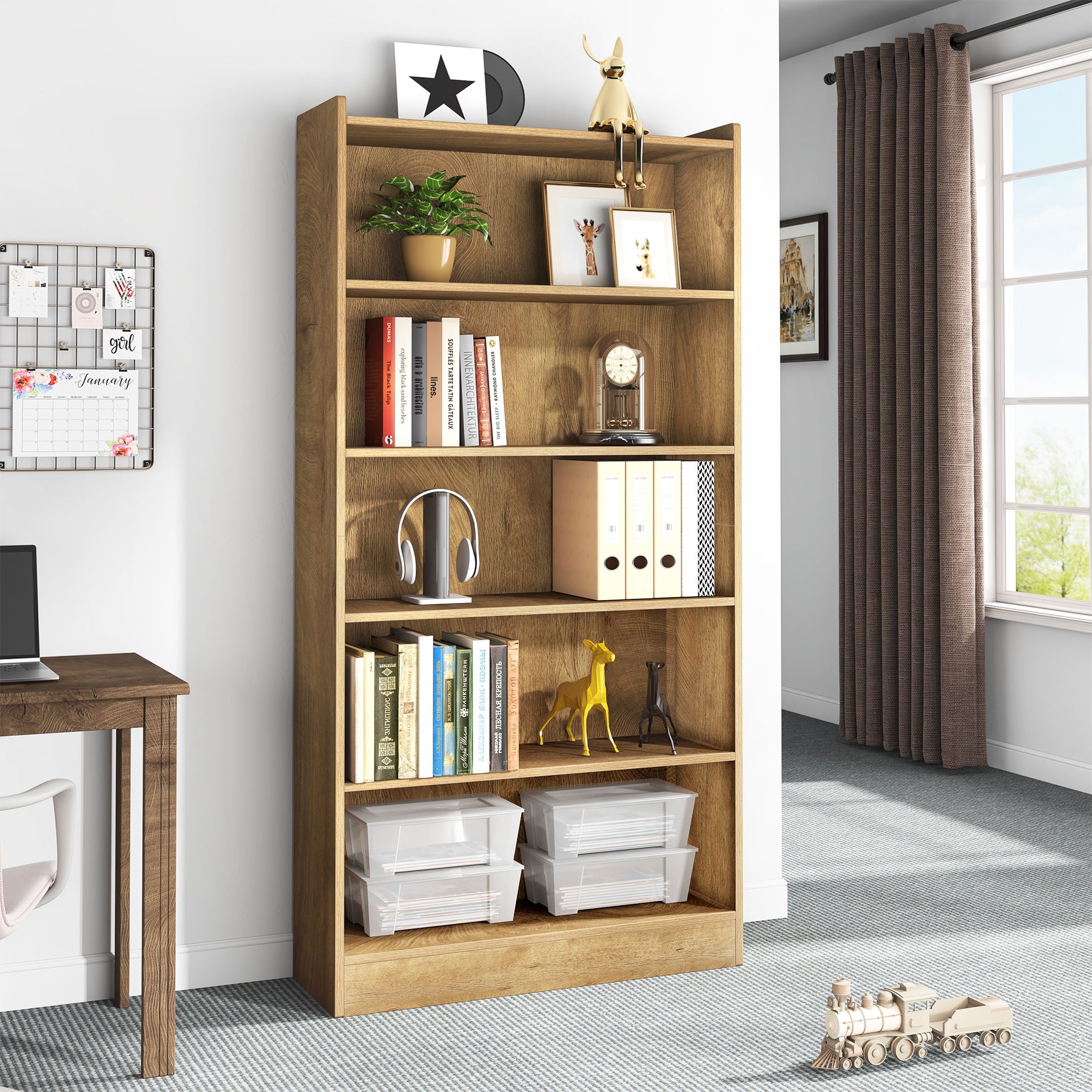 72" Tall Wood Bookcase, 5-Tier Bookshelf Open Shelves