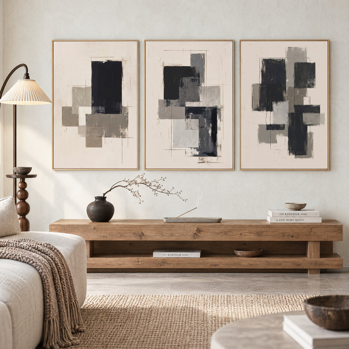 3-Piece 24x36" Modern Abstract Wall Art, Black Beige Framed Canvas Prints