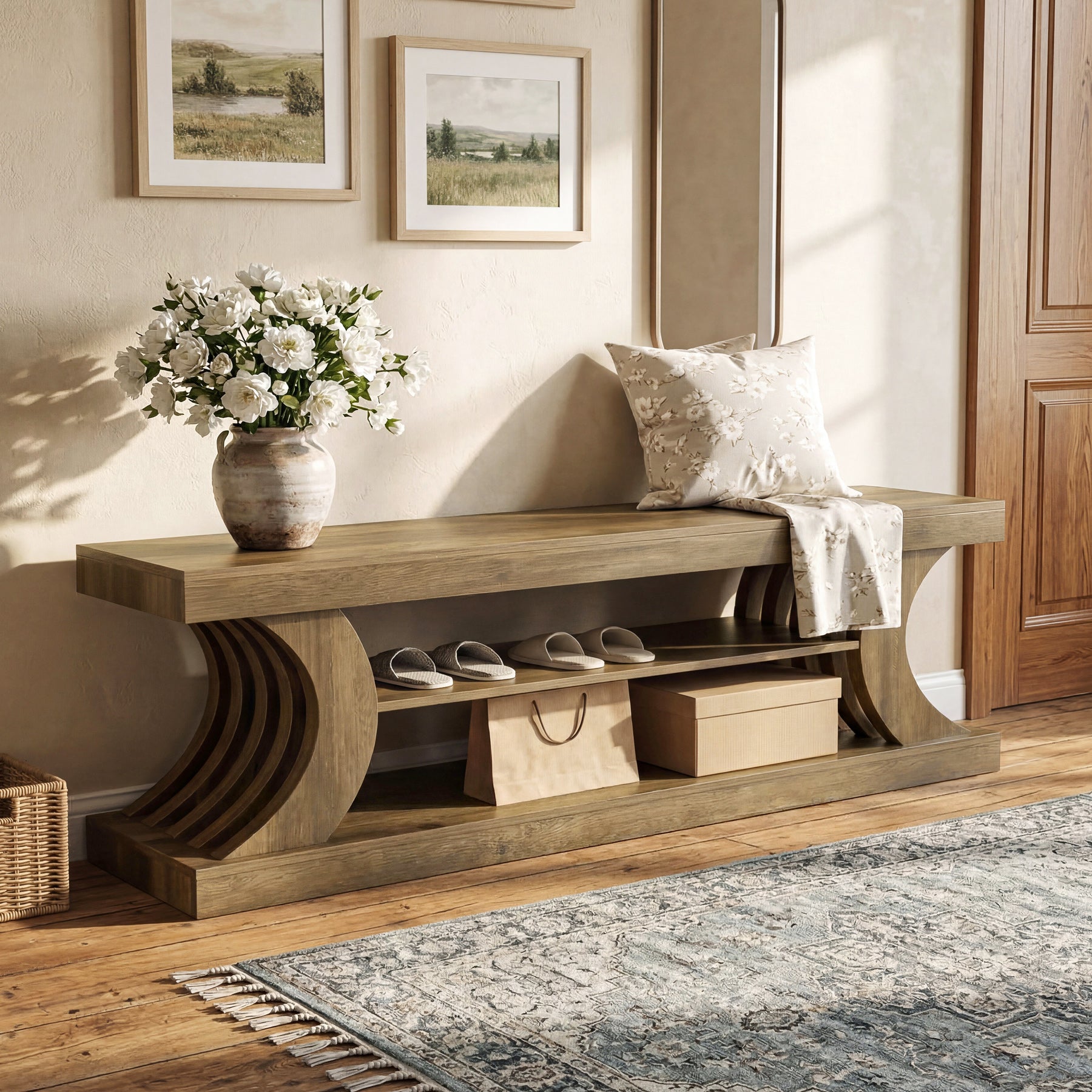 63" Entryway Bench, Wooden 3-Tier End of Bed Bench with Open Storage