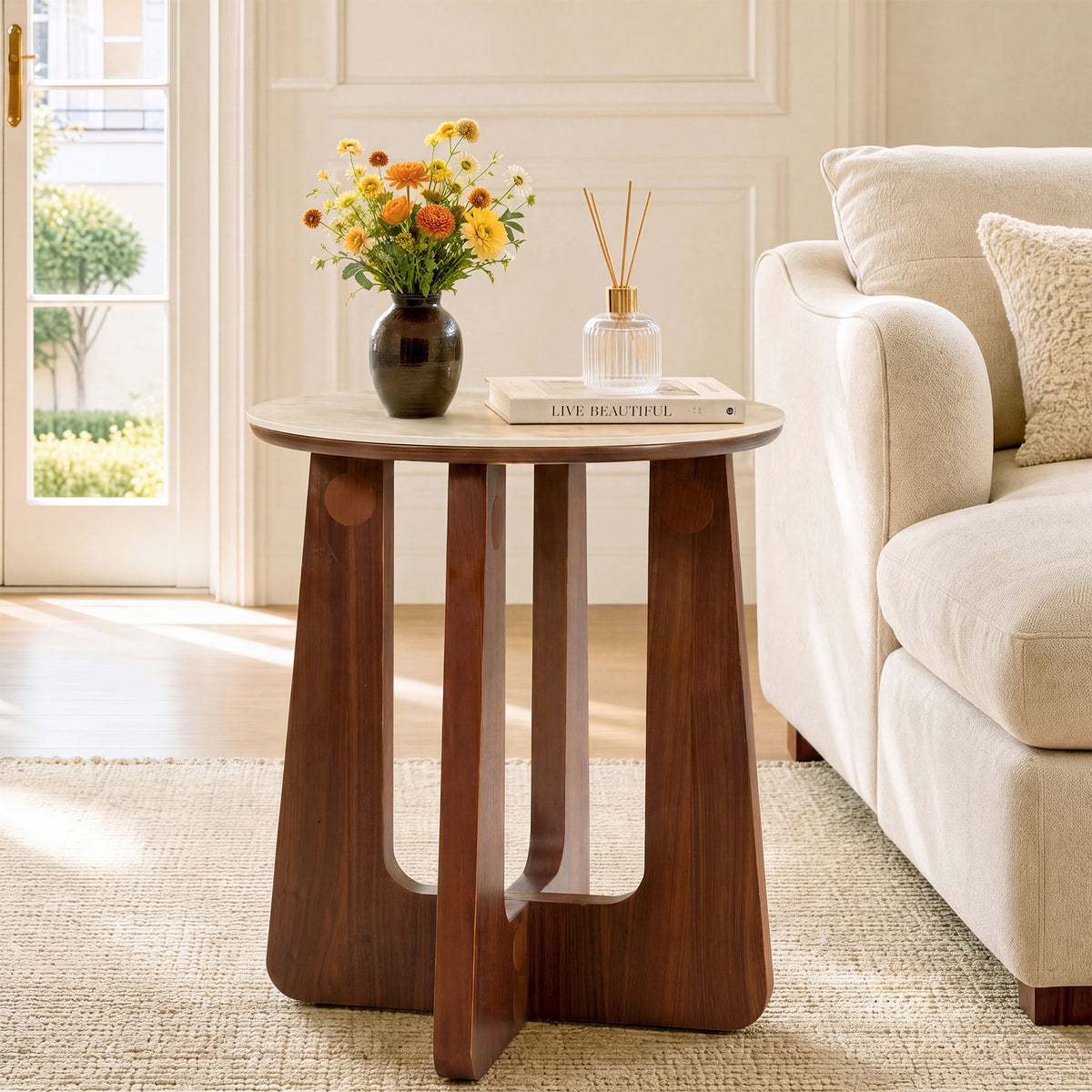 19" Round End Table, Sintered Stone with Solid Wood Base, Mid-Century Modern