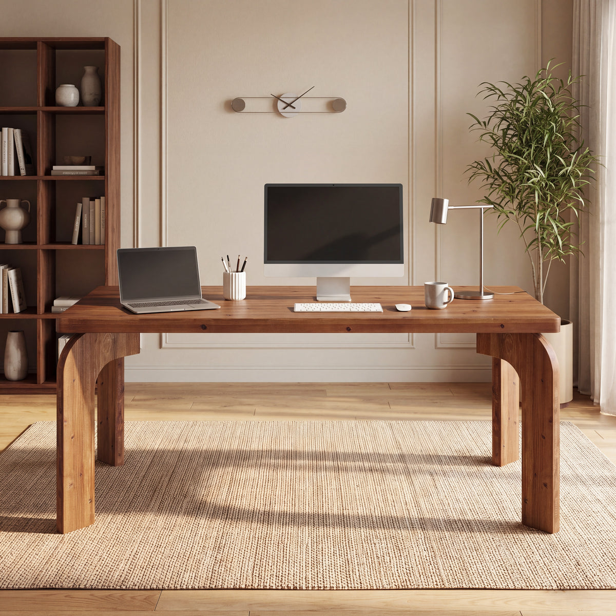 63" Solid Wood Executive Desk with Curved Legs, Rectangular Home Office Desk