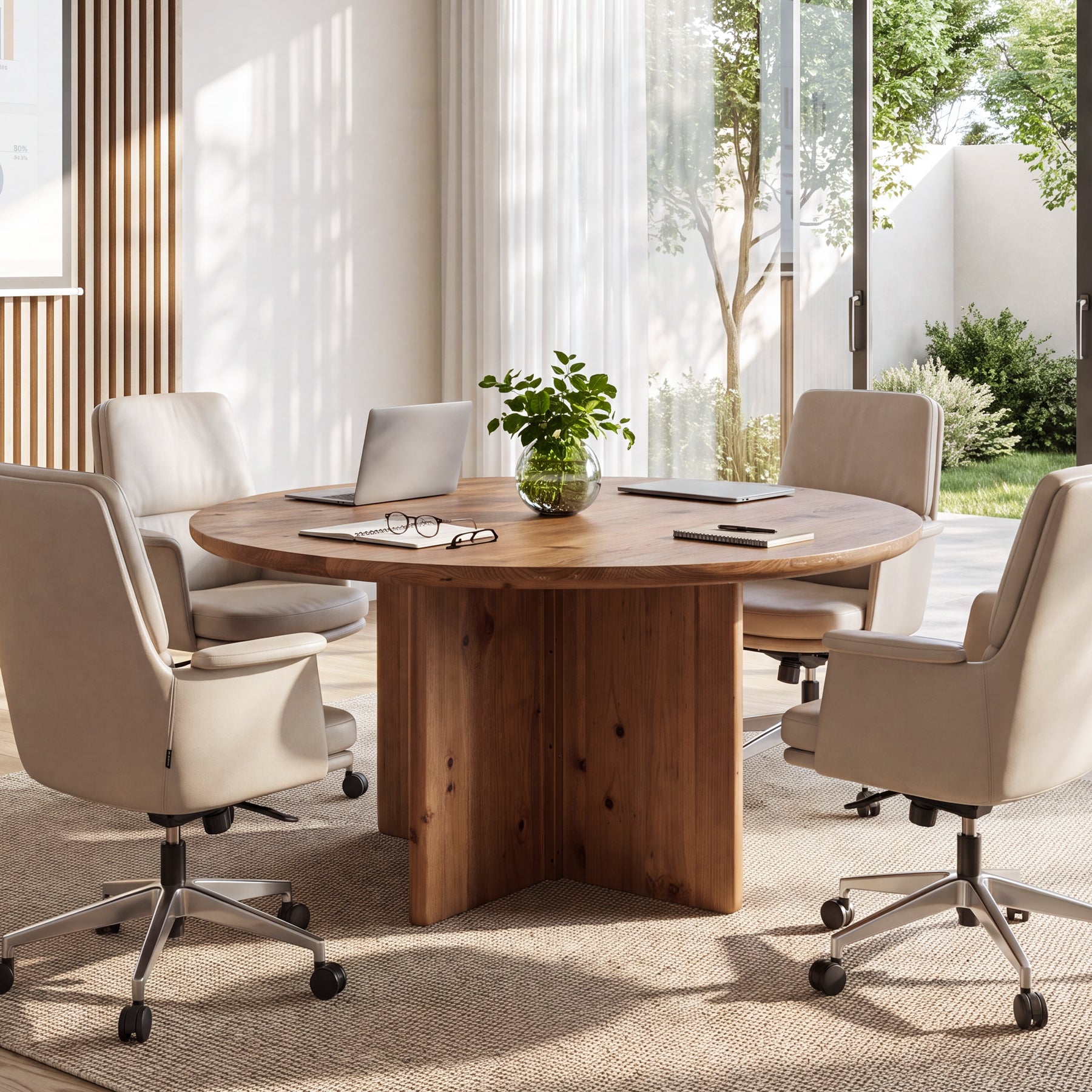 47.2" Round Conference Table, Solid Wood Office Meeting Table with Cross Pedestal Base for 4-6