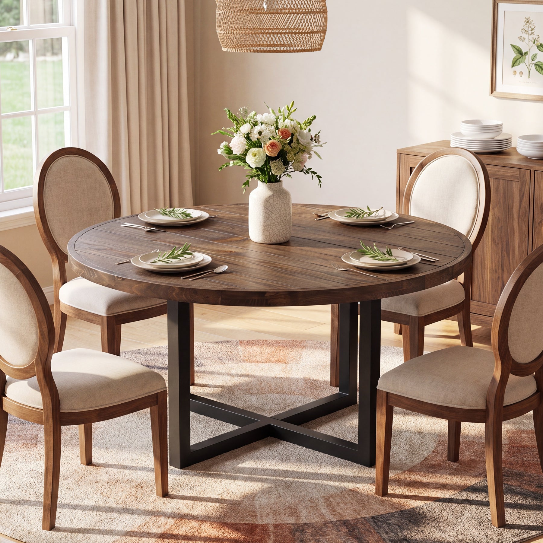 47" Round Dining Table, Solid Wood Kitchen Table with Metal Cross Base for 4-6