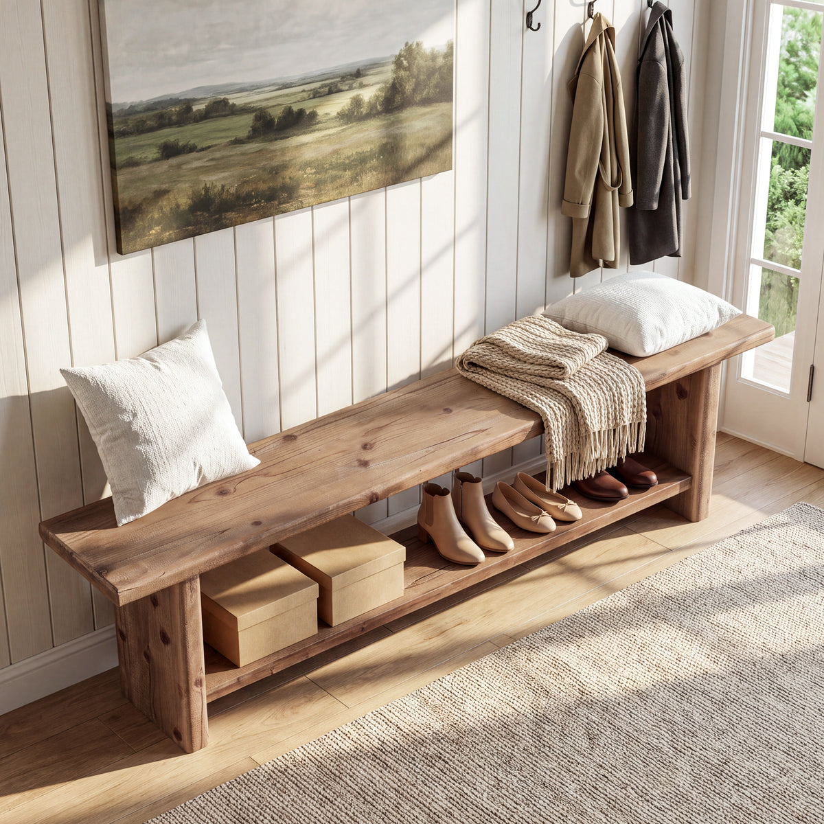 71” Solid Wood Entryway Bench with Shoe Storage Shelf, Indoor Storage Bench for Hallway