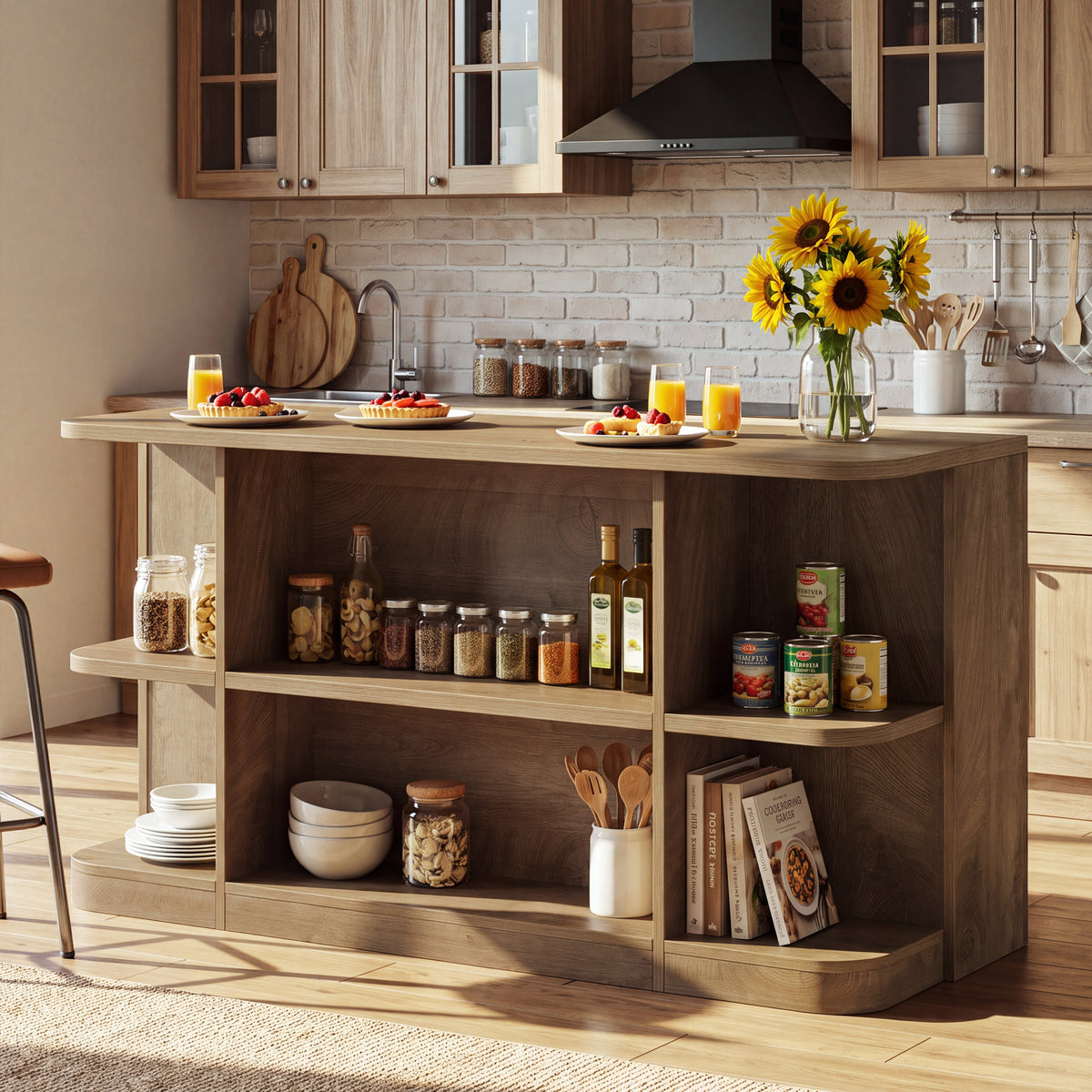 63" Kitchen Island with Storage Shelves & Seating Space, Stationary Island Table