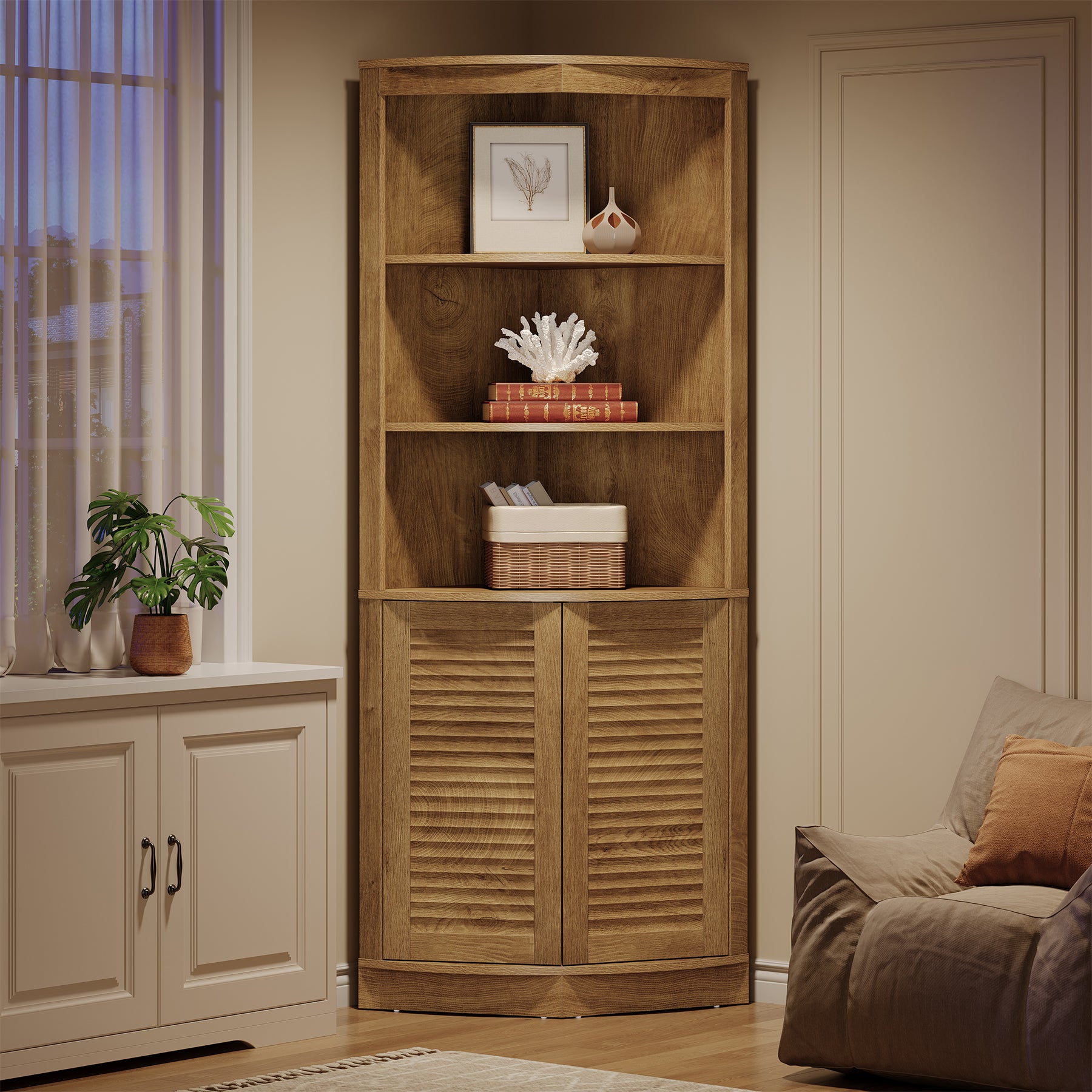 66.9" Corner Storage Cabinet, 5-Tier Corner Shelf with Fluted Doors & Open Shelves