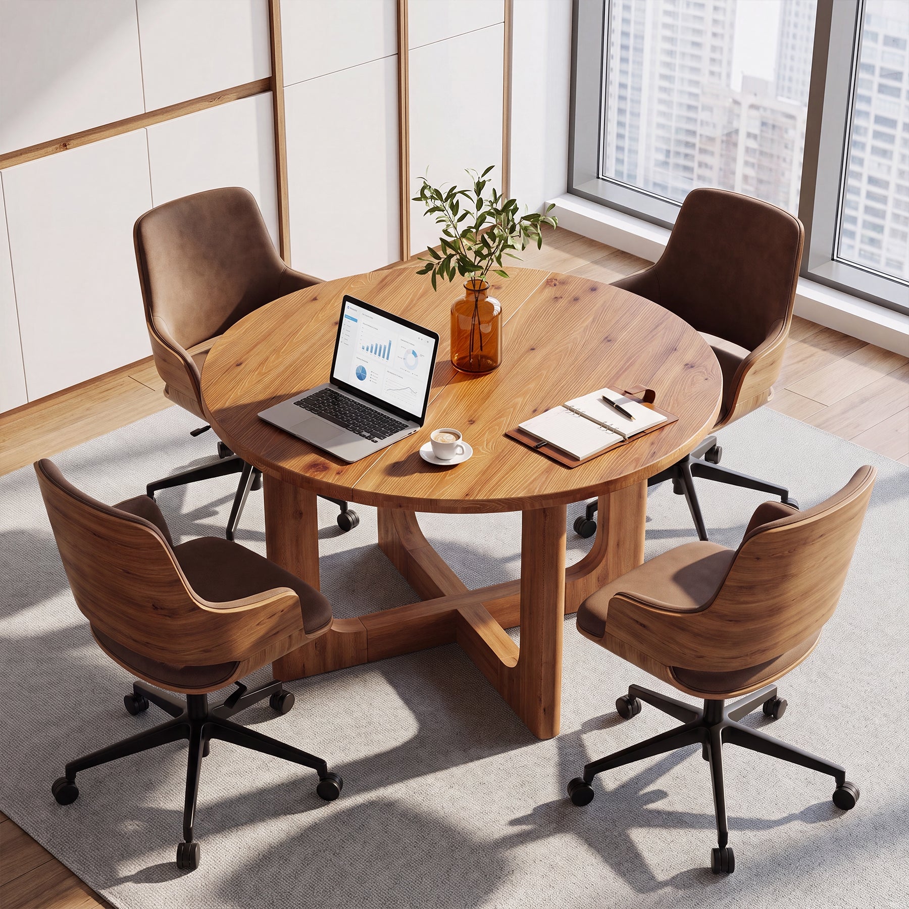 Round Solid Wood Conference Table, 39.4" Meeting Table with Cross Base for Office