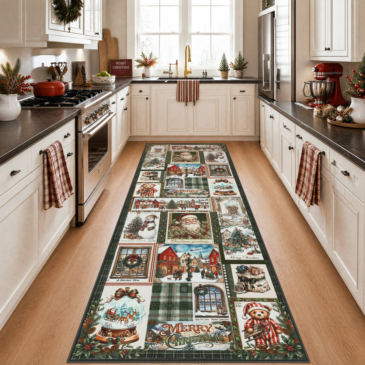 Christmas Vintage Runner Rug, Washable Non-Slip Holiday Kitchen Mat