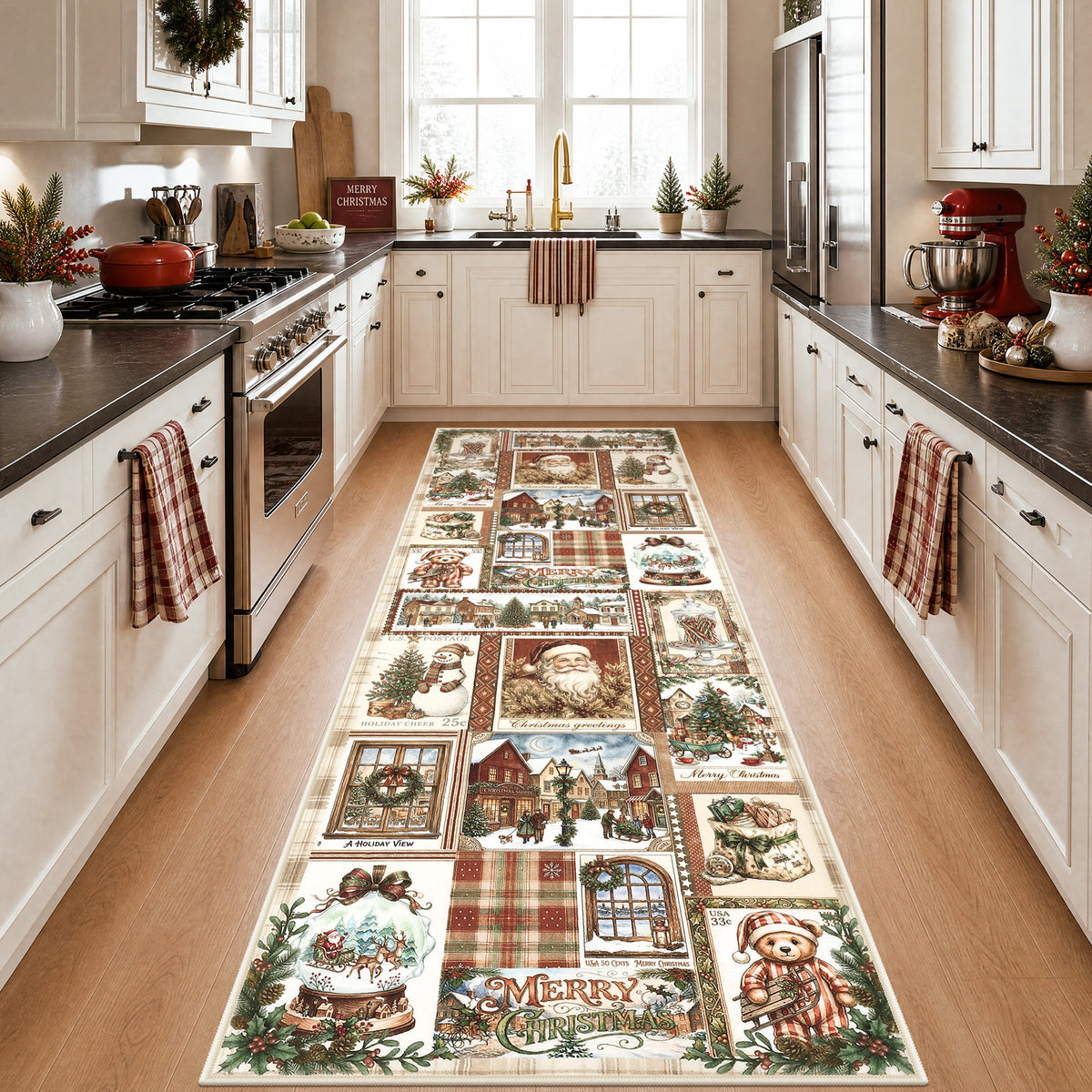 Christmas Vintage Runner Rug, Washable Non-Slip Holiday Kitchen Mat
