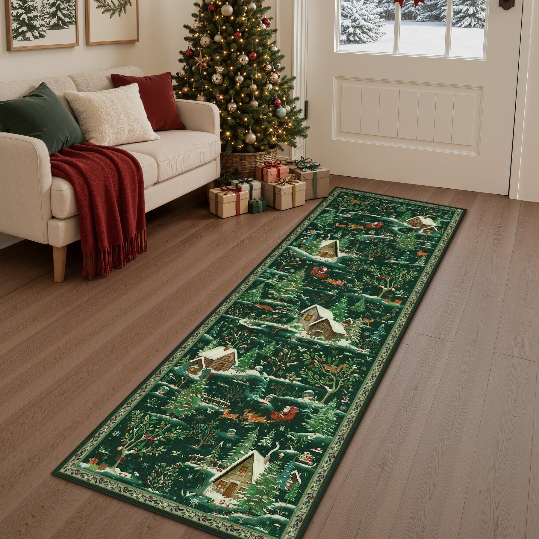 Christmas Snow Forest Washable Area Rug, Soft Holiday Scene Non-Slip Indoor Rug for Living Room Bedroom, Oeko-Tex Certified