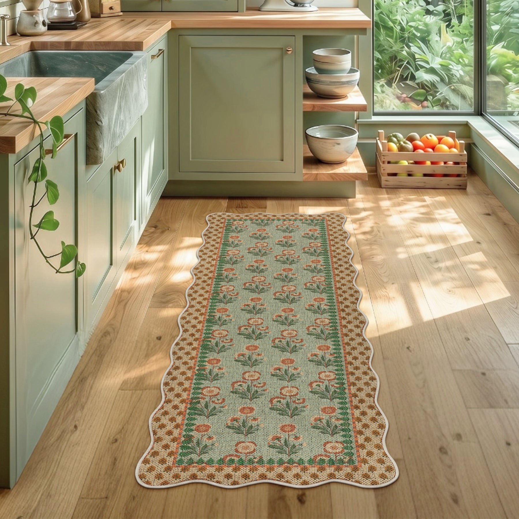 2x6/3x5 Scalloped Floral Easy Jute Washable Area Rug, Farmhouse Soft Low Pile Carpet for Hallway & Entryway, Oeko-Tex Certified
