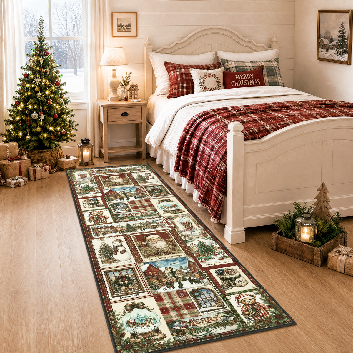 Christmas Vintage Runner Rug, Washable Non-Slip Holiday Kitchen Mat