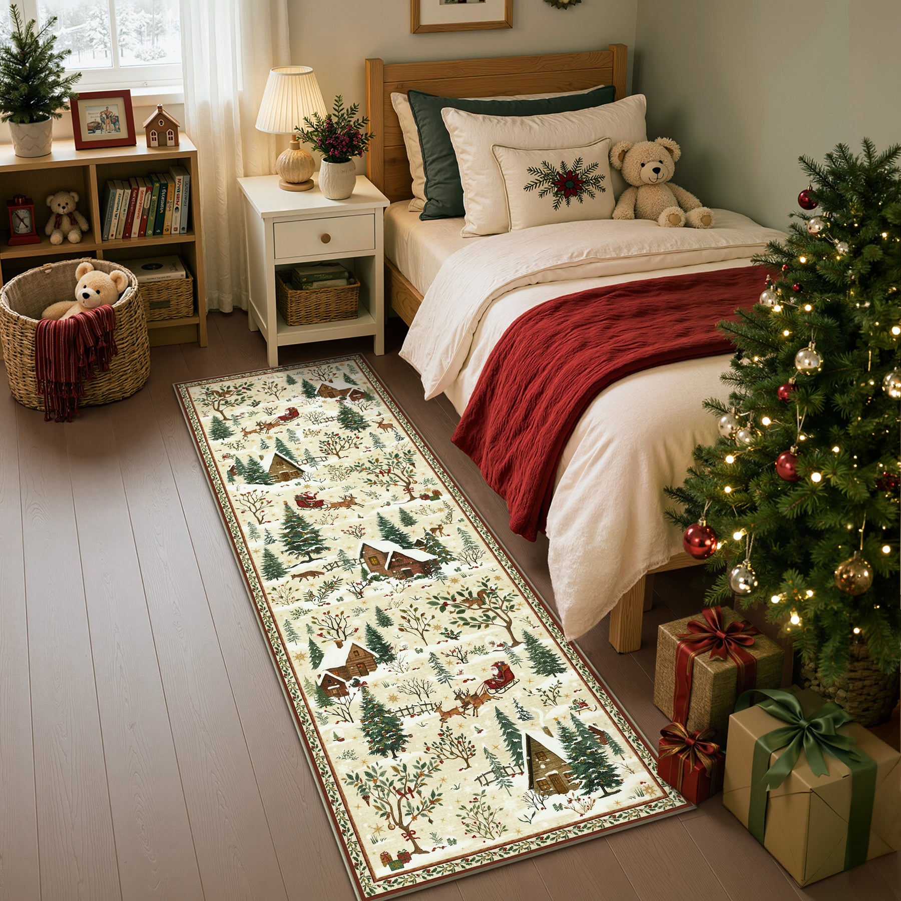 Christmas Snow Forest Washable Area Rug, Soft Holiday Scene Non-Slip Indoor Rug for Living Room Bedroom, Oeko-Tex Certified