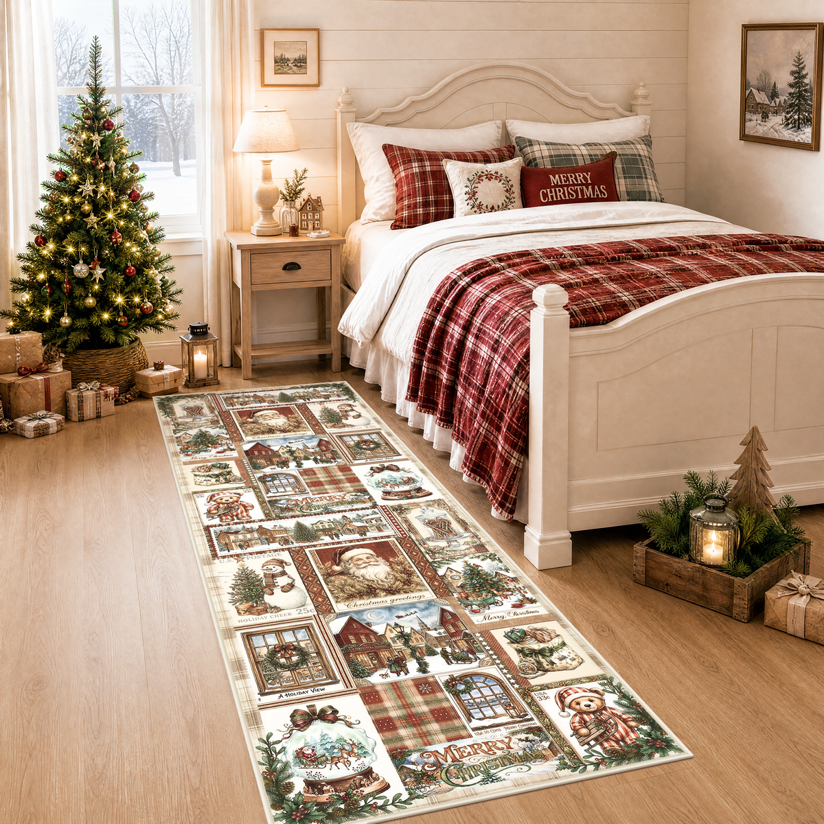 Christmas Vintage Runner Rug, Washable Non-Slip Holiday Kitchen Mat