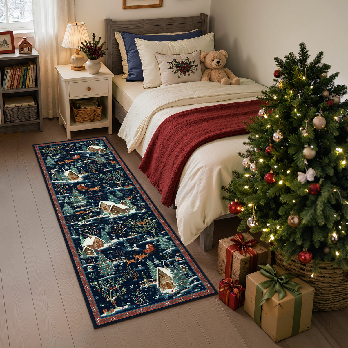 Christmas Snow Forest Washable Area Rug, Soft Holiday Scene Non-Slip Indoor Rug for Living Room Bedroom, Oeko-Tex Certified