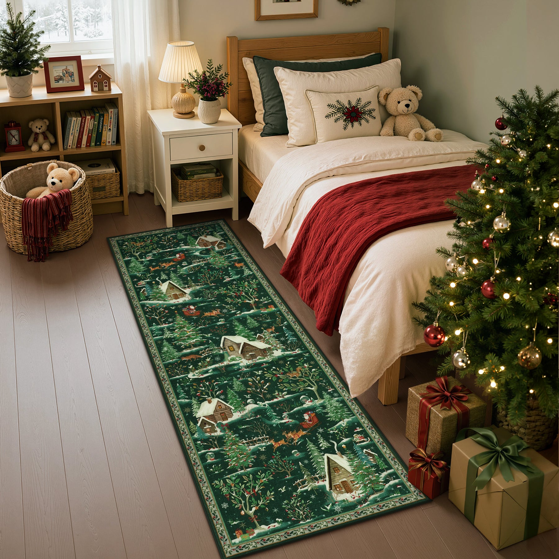Christmas Snow Forest Washable Area Rug, Soft Holiday Scene Non-Slip Indoor Rug for Living Room Bedroom, Oeko-Tex Certified