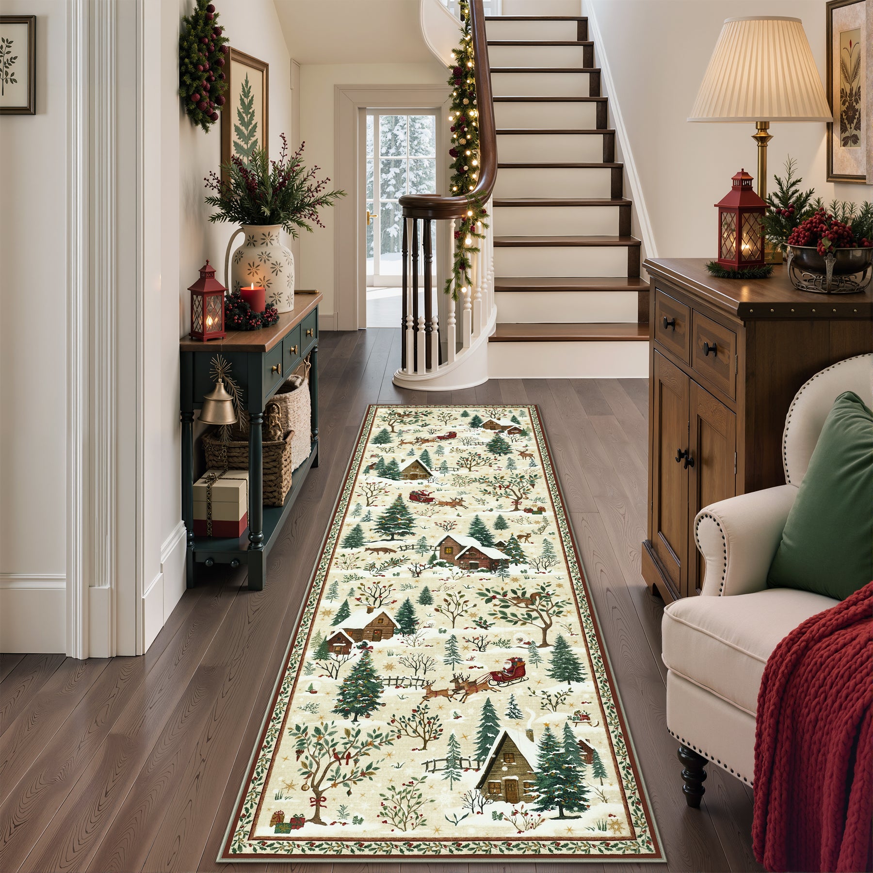 Christmas Snow Forest Washable Area Rug, Soft Holiday Scene Non-Slip Indoor Rug for Living Room Bedroom, Oeko-Tex Certified