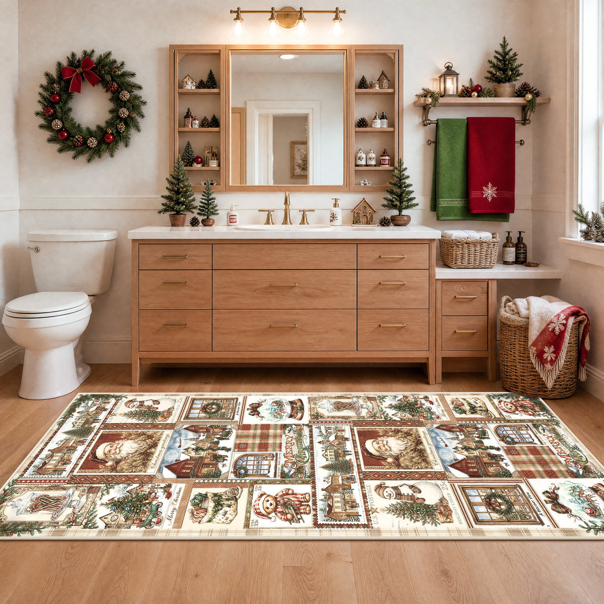 Christmas Vintage Runner Rug, Washable Non-Slip Holiday Kitchen Mat