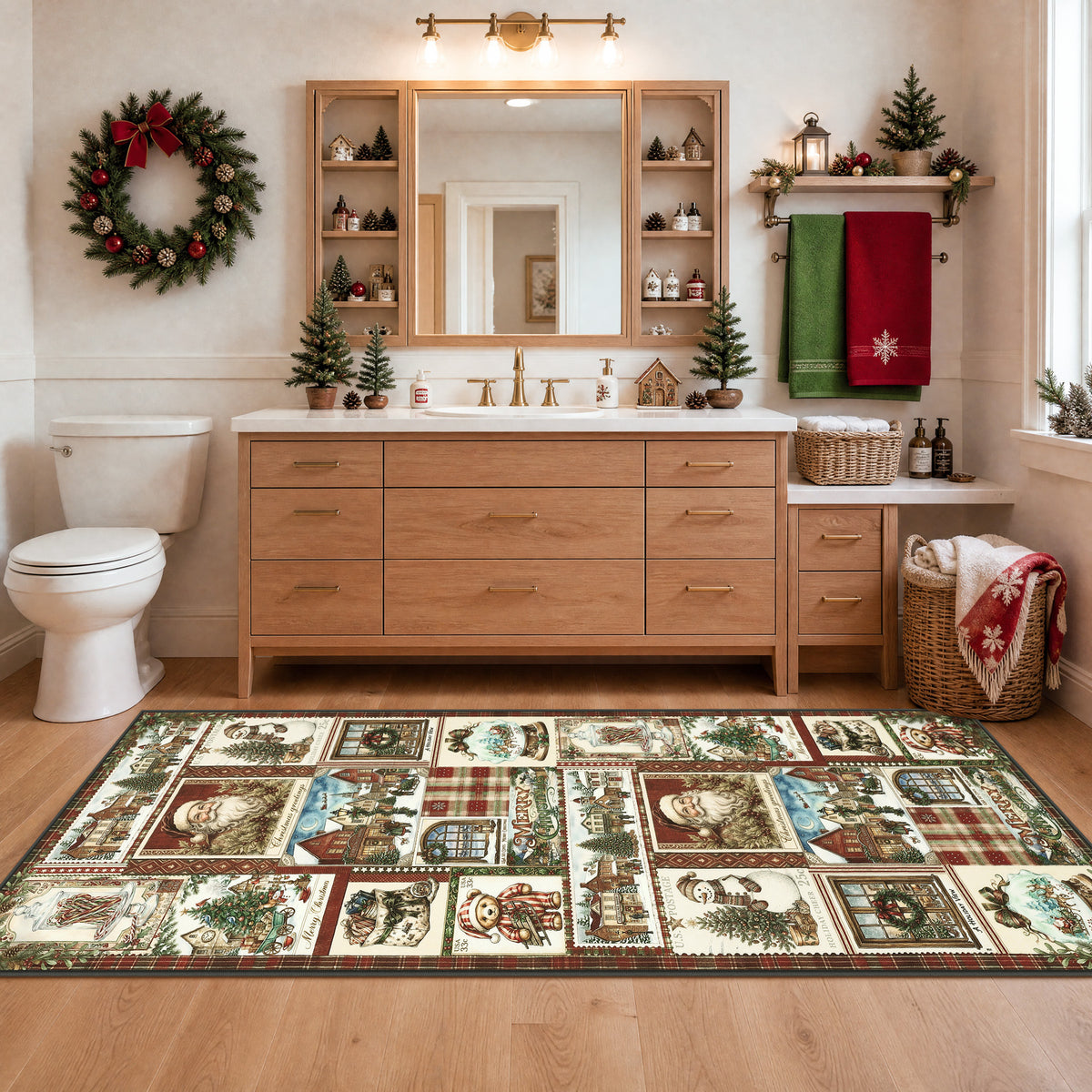 Christmas Vintage Runner Rug, Washable Non-Slip Holiday Kitchen Mat