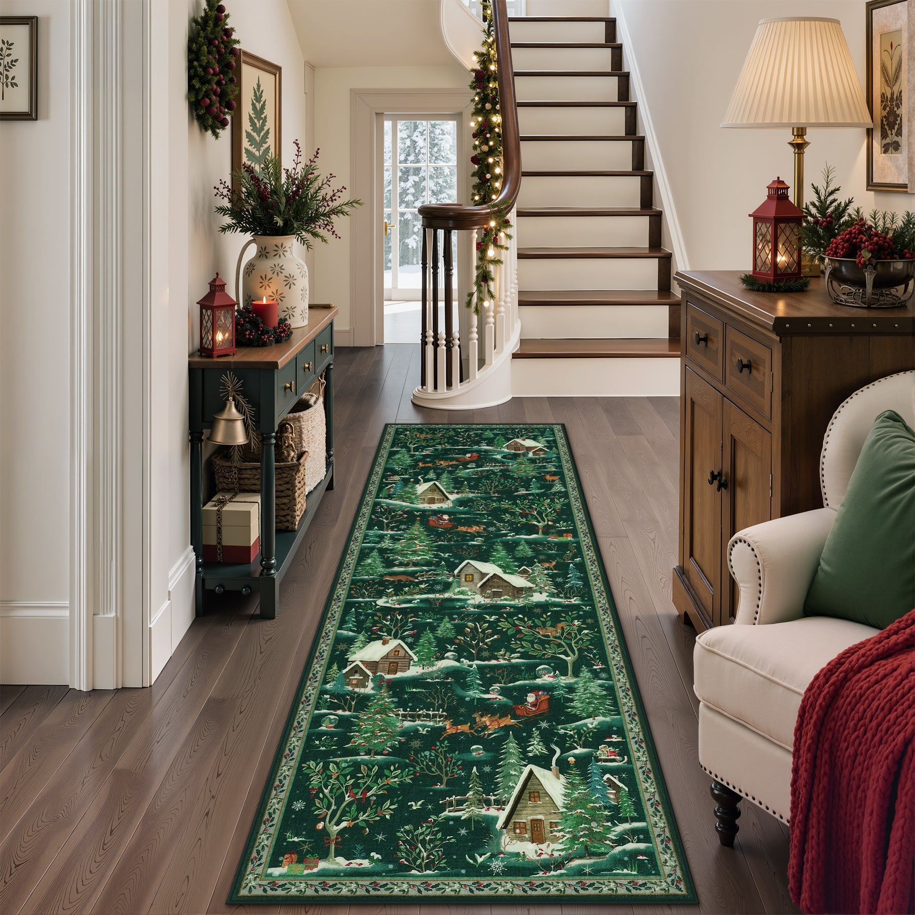 Christmas Snow Forest Washable Area Rug, Soft Holiday Scene Non-Slip Indoor Rug for Living Room Bedroom, Oeko-Tex Certified