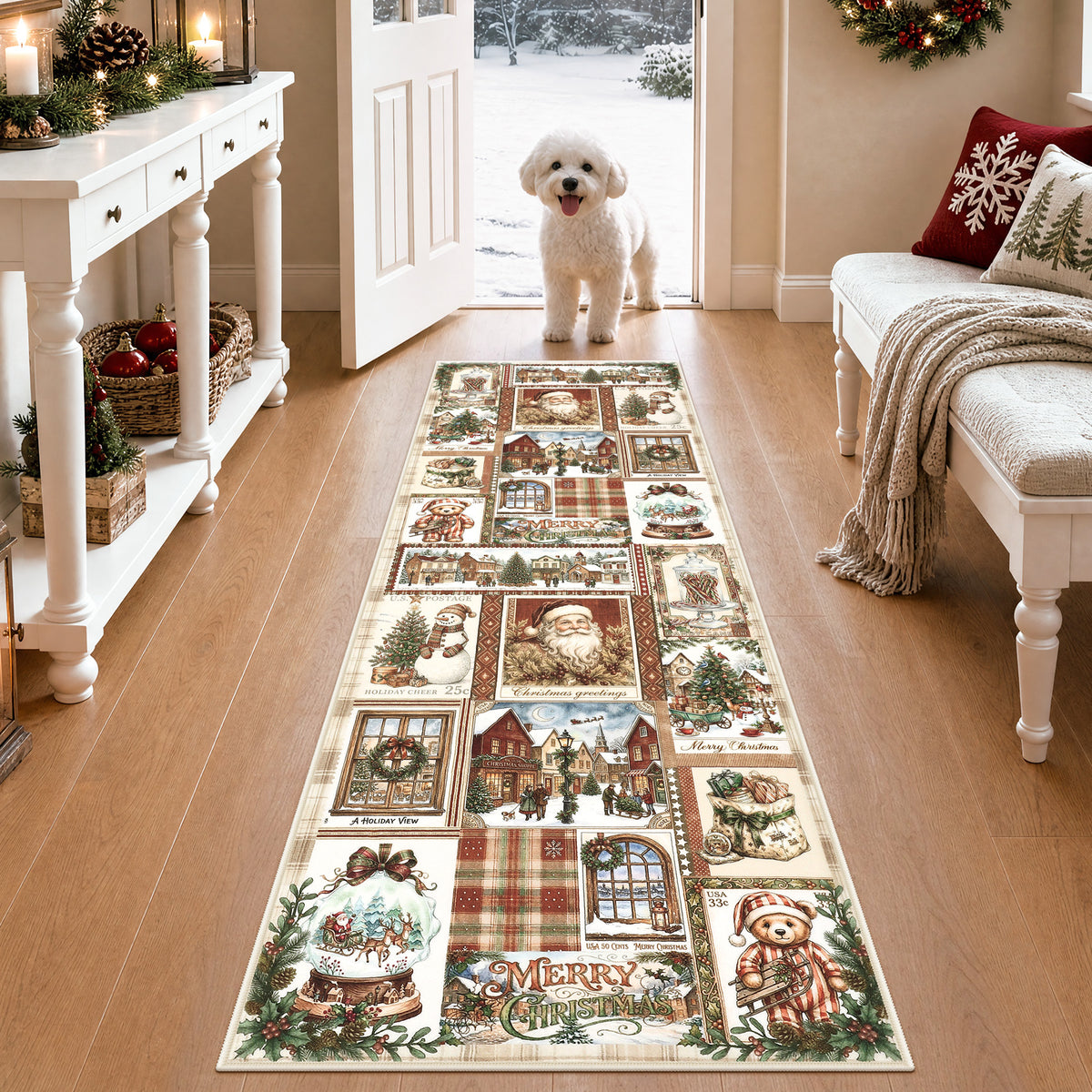 Christmas Vintage Runner Rug, Washable Non-Slip Holiday Kitchen Mat